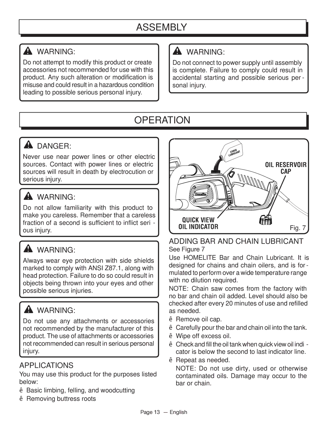 Homelite UT43103 manuel dutilisation Operation, Applications, Adding BAR and Chain Lubricant, OIL Reservoir CAP 