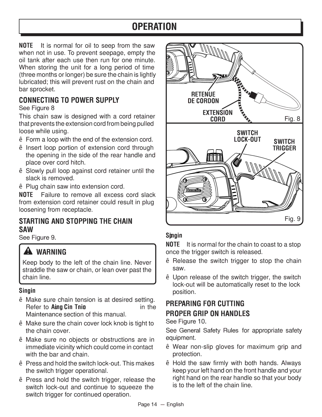 Homelite UT43103 manuel dutilisation Connecting to Power Supply, Starting and Stopping the Chain SAW, Switch LOCK-OUT ­ 