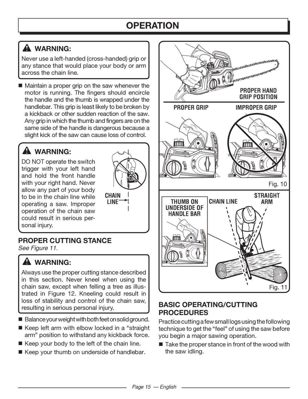 Homelite UT43103 manuel dutilisation Proper Cutting Stance, Proper Hand Grip Position Proper Grip, Chain Line 