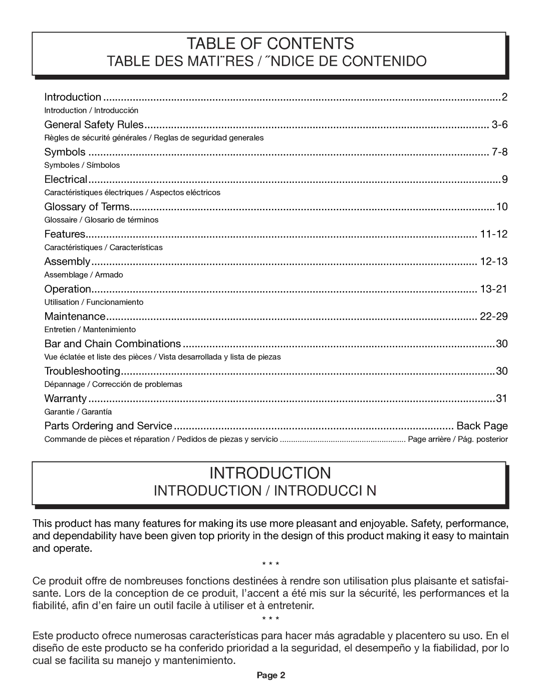 Homelite UT43103 manuel dutilisation Table of Contents, Introduction 