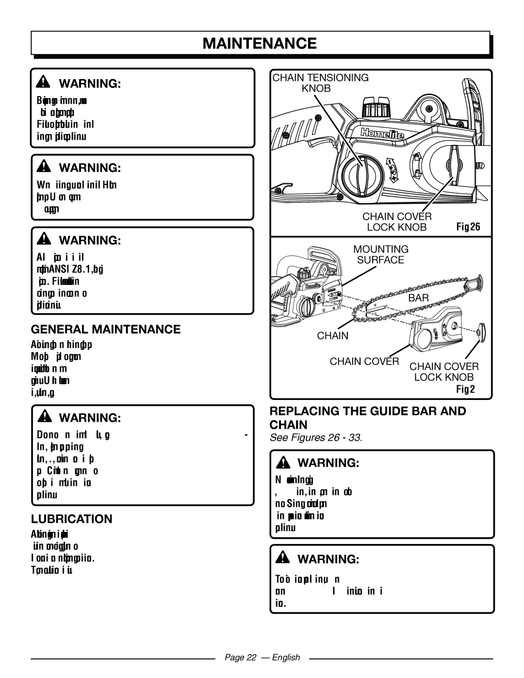 Homelite UT43103 General Maintenance, Lubrication, Replacing the Guide BAR and Chain, See Figures 26 