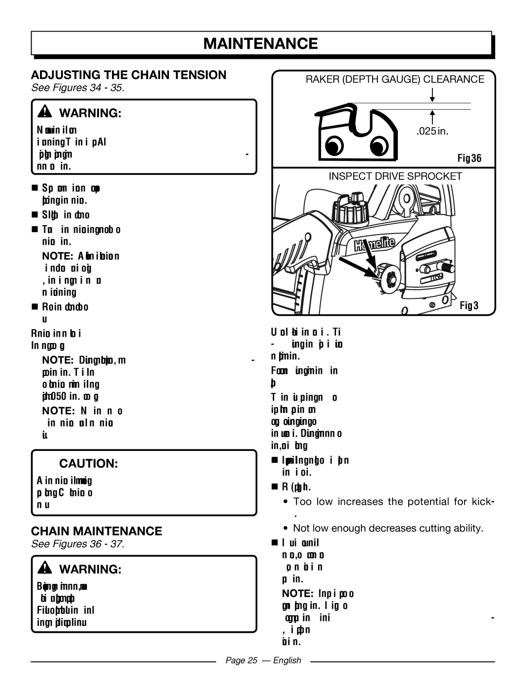 Homelite UT43103 manuel dutilisation Adjusting the Chain Tension, Chain Maintenance, See Figures 34, See Figures 36 