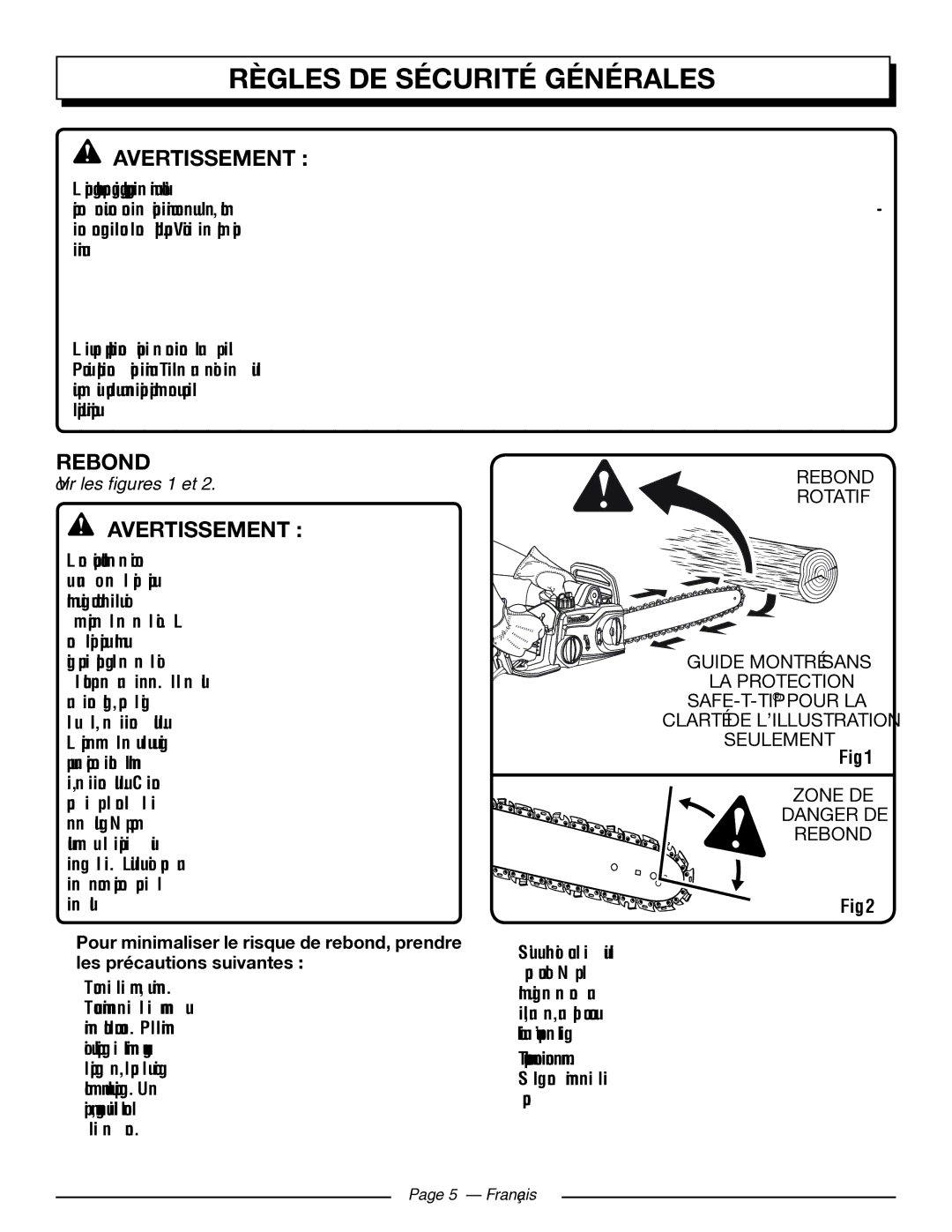 Homelite UT43103 manuel dutilisation Avertissement, Rebond 