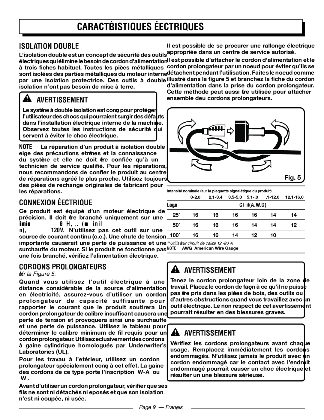 Homelite UT43103 Caractéristiquesfonctionsélectriques, Isolation Double, Connexion Électrique, Cordons Prolongateurs 