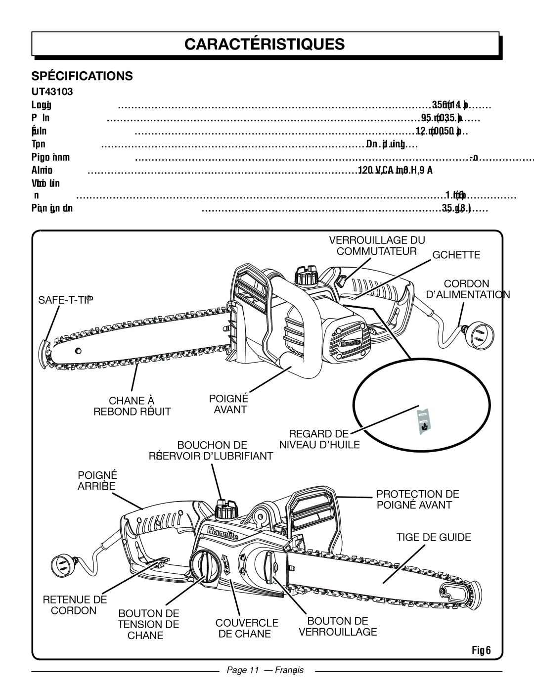 Homelite UT43103 manuel dutilisation Caractéristiques, Spécifications, Gâchette ­, Cordon, Poignée Arrière 