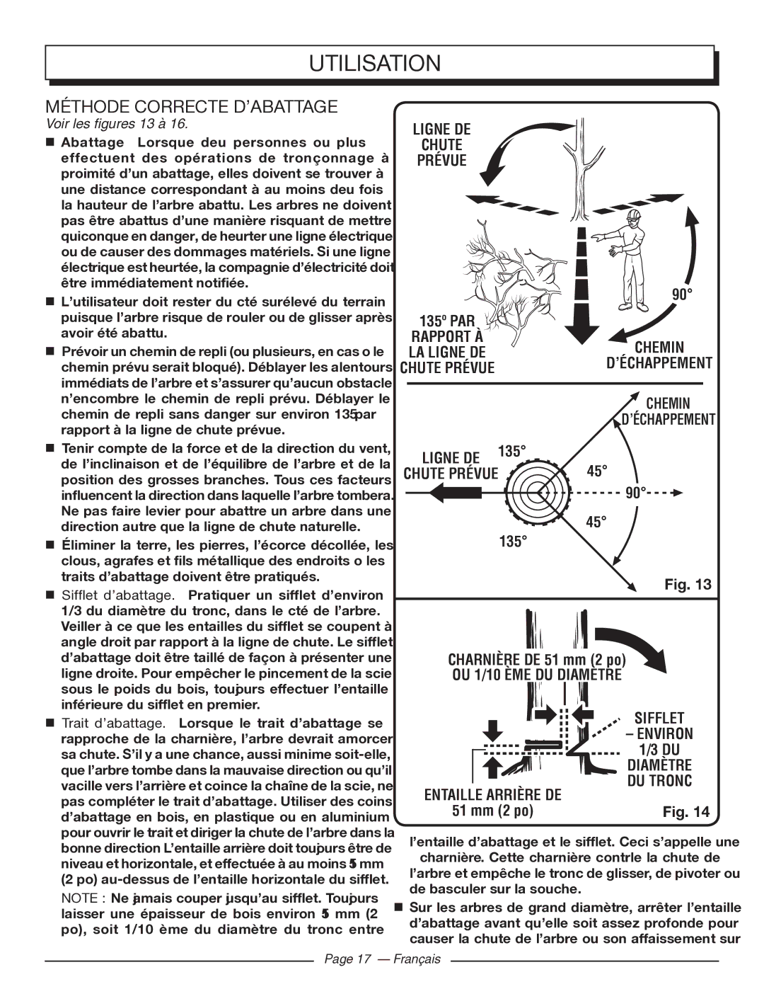 Homelite UT43103 manuel dutilisation Méthode Correcte D’ABATTAGE, Ligne DE Chute Prévue, OU 1/10 ÈME DU Diamètre 