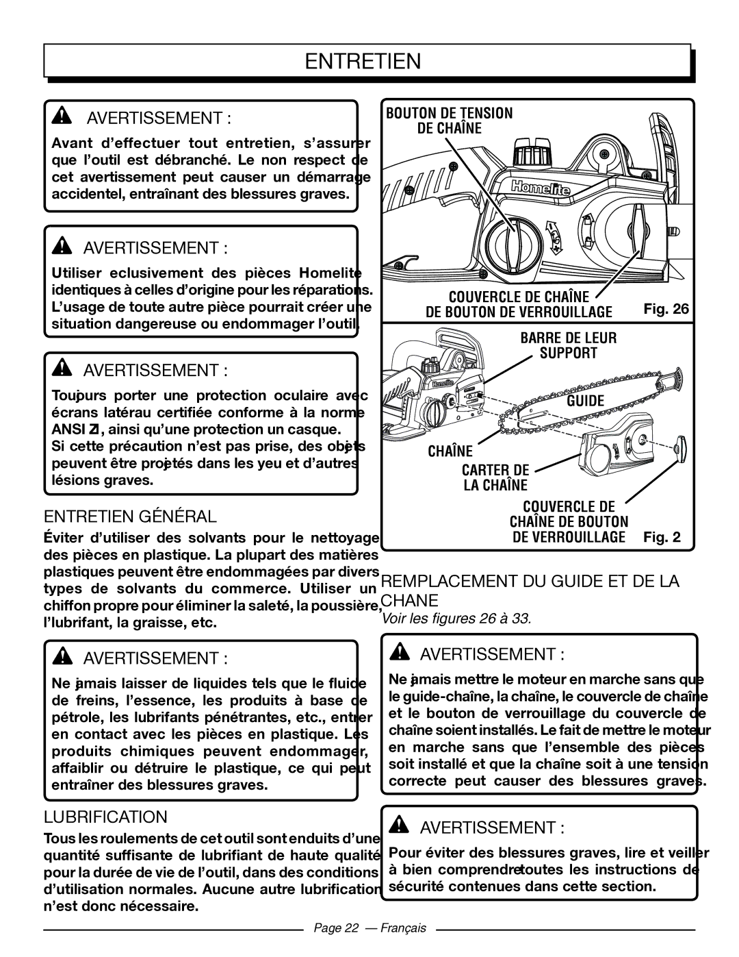 Homelite UT43103 Entretien Général, Remplacement DU Guide ET DE LA Chaîne, Lubrification, Voir les figures 26 à 