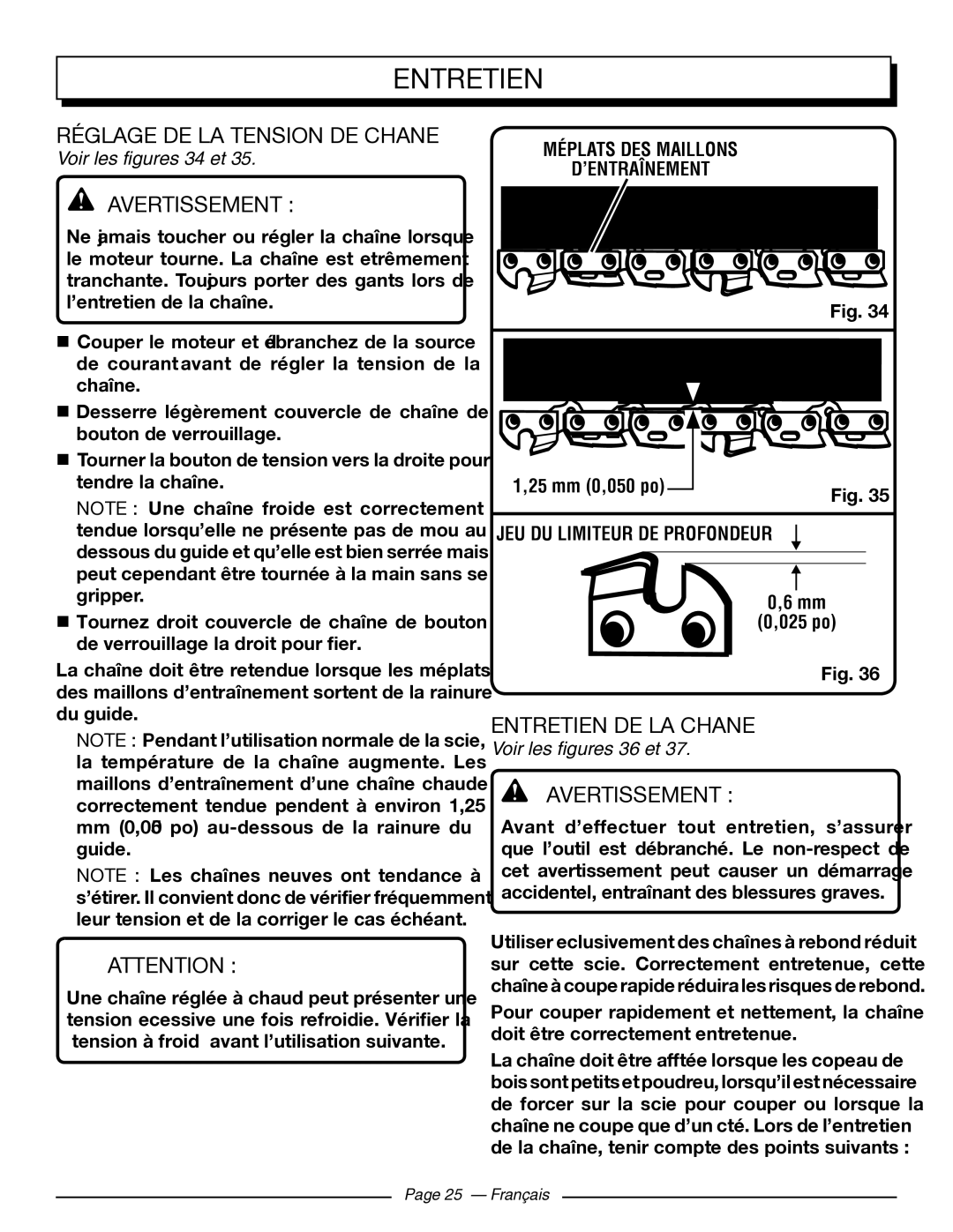 Homelite UT43103 Réglage DE LA Tension DE Chaîne, Entretien DE LA Chaîne, Voir les figures 34 et, Voir les figures 36 et 