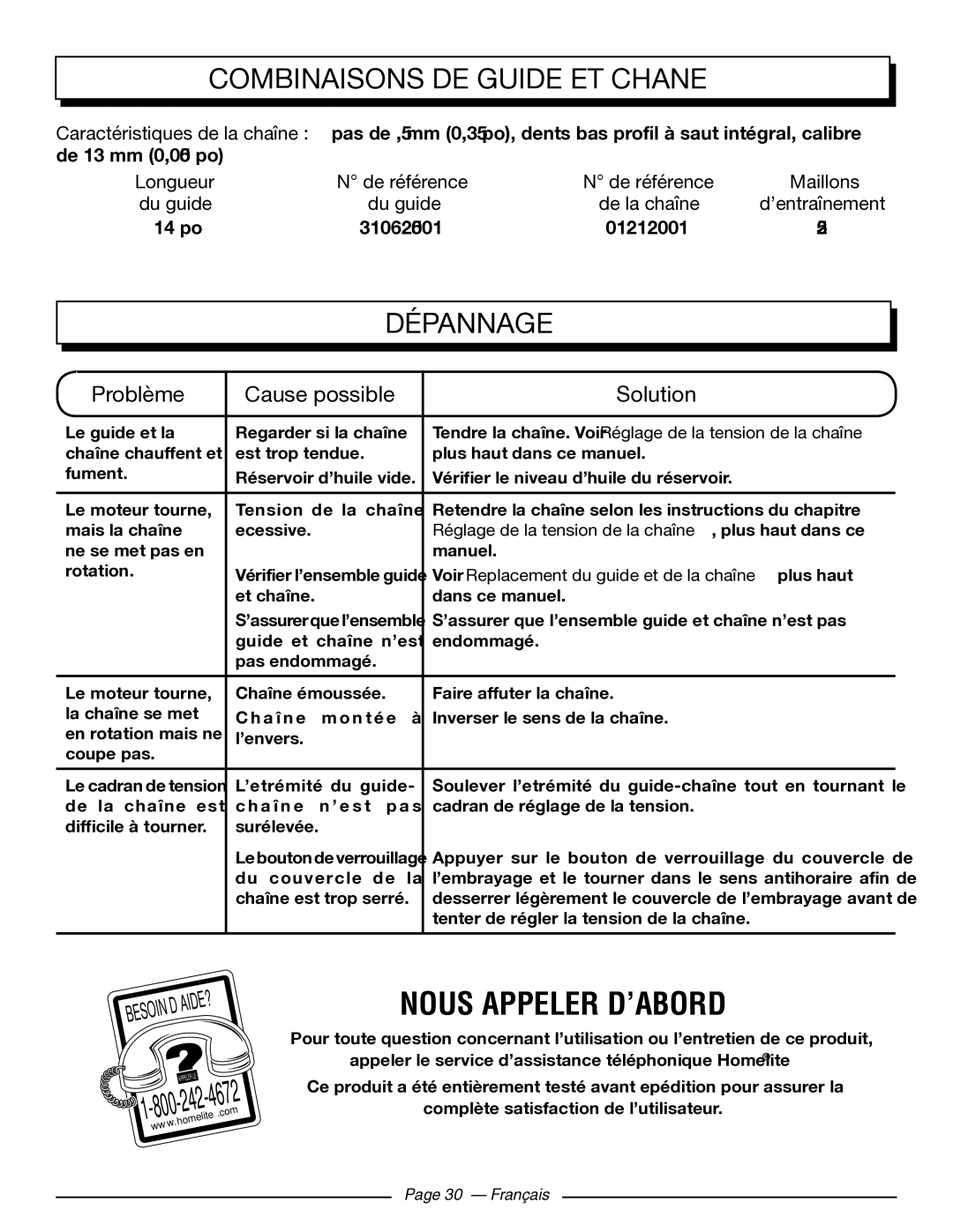 Homelite UT43103 manuel dutilisation Combinaisons DE Guide ET Chaîne, Dépannage 