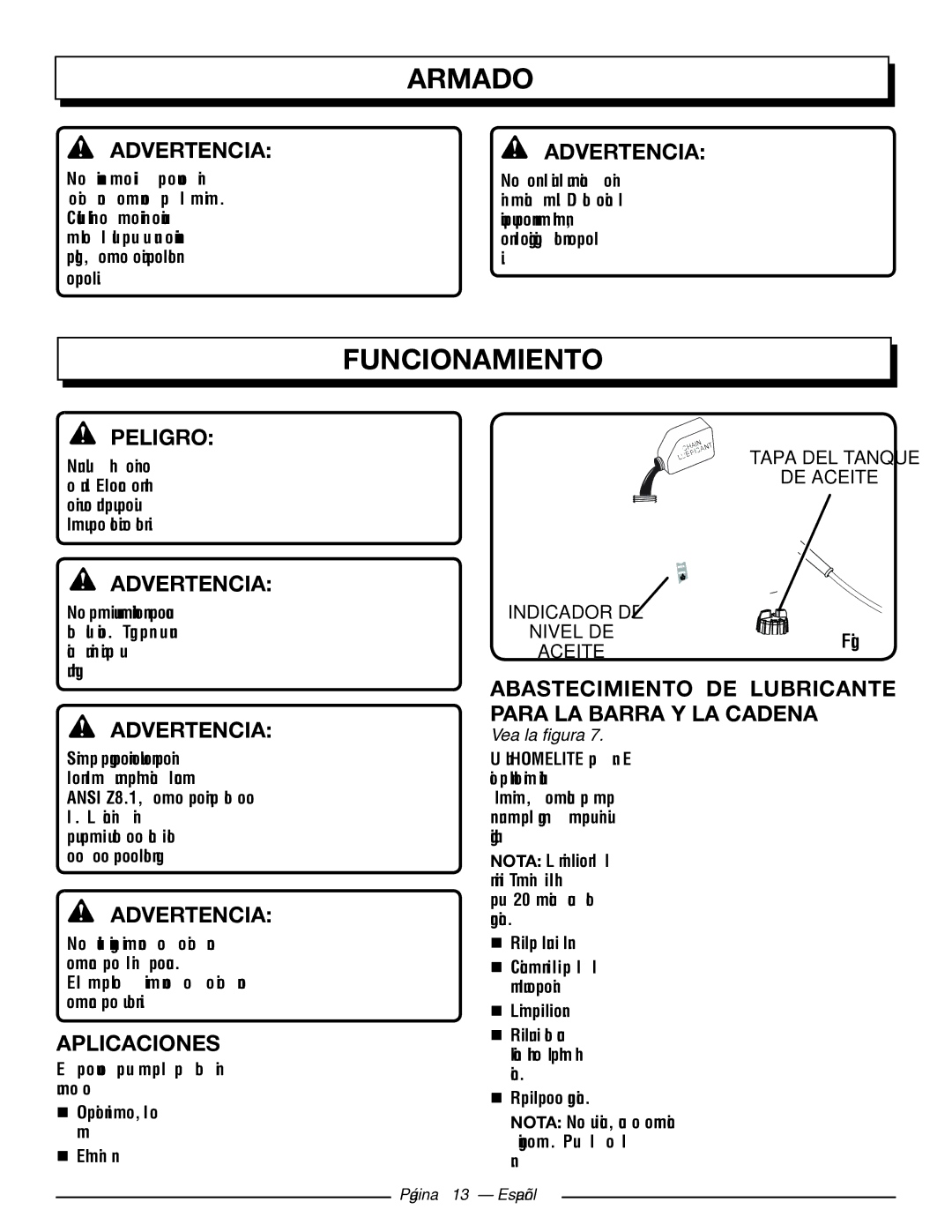 Homelite UT43103 manuel dutilisation Funcionamiento, Abastecimiento DE Lubricante Para LA Barra Y LA Cadena, Aplicaciones 