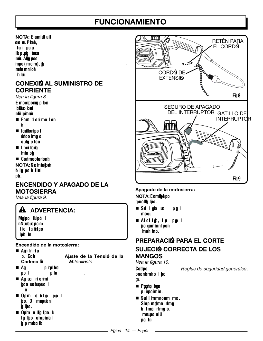 Homelite UT43103 manuel dutilisation Conexión AL Suministro DE Corriente, Encendido Y Apagado DE LA Motosierra 