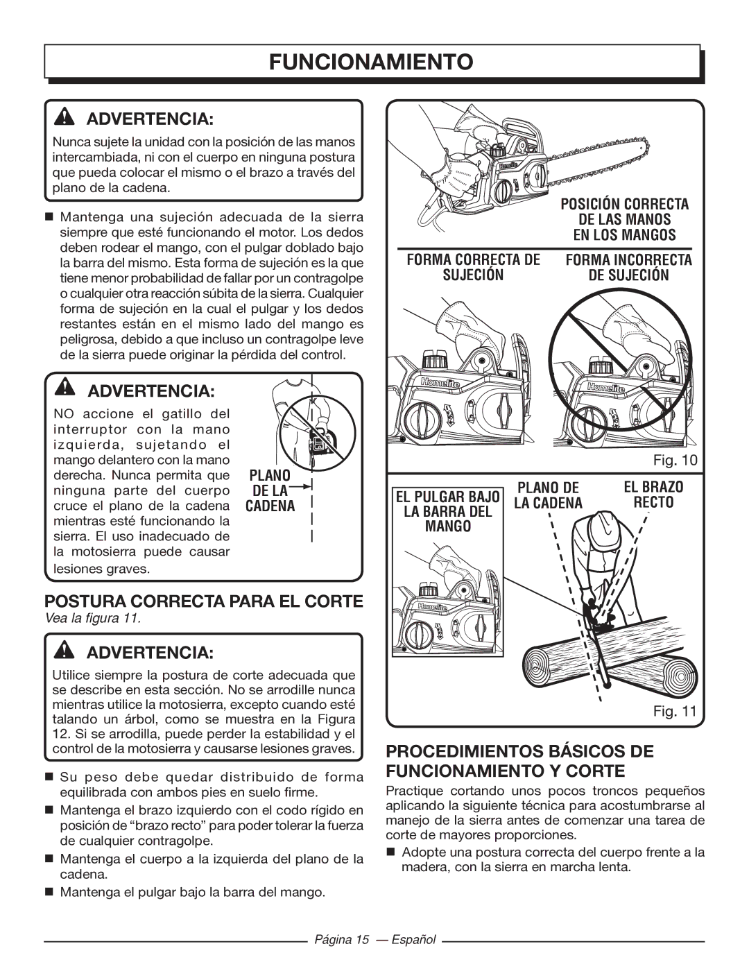 Homelite UT43103 manuel dutilisation Postura Correcta Para EL Corte, Procedimientos Básicos DE Funcionamiento Y Corte 