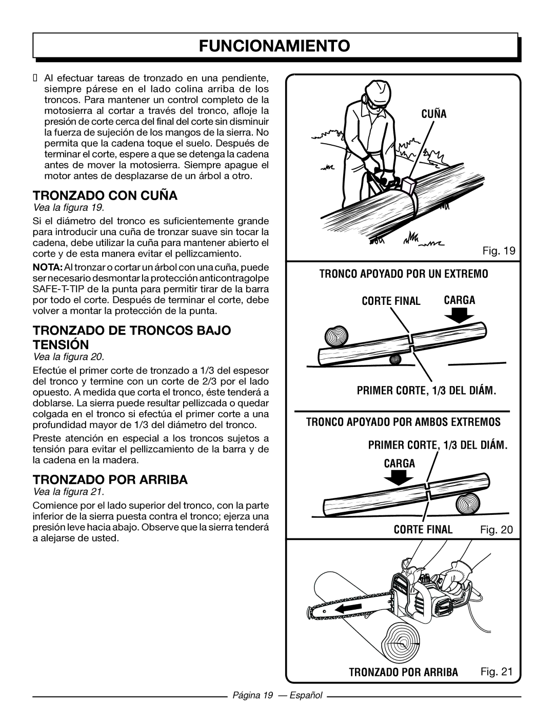 Homelite UT43103 manuel dutilisation Tronzado CON Cuña, Tronzado DE Troncos Bajo Tensión, Tronzado POR Arriba 