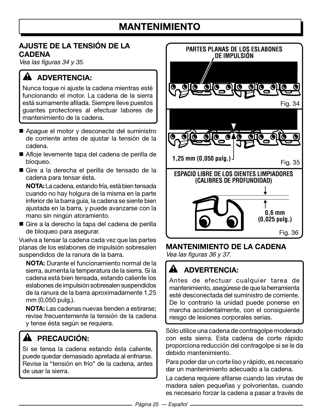 Homelite UT43103 Ajuste DE LA Tensión DE LA Cadena, Precaución, Mantenimiento DE LA Cadena, Vea las figuras 34 y 