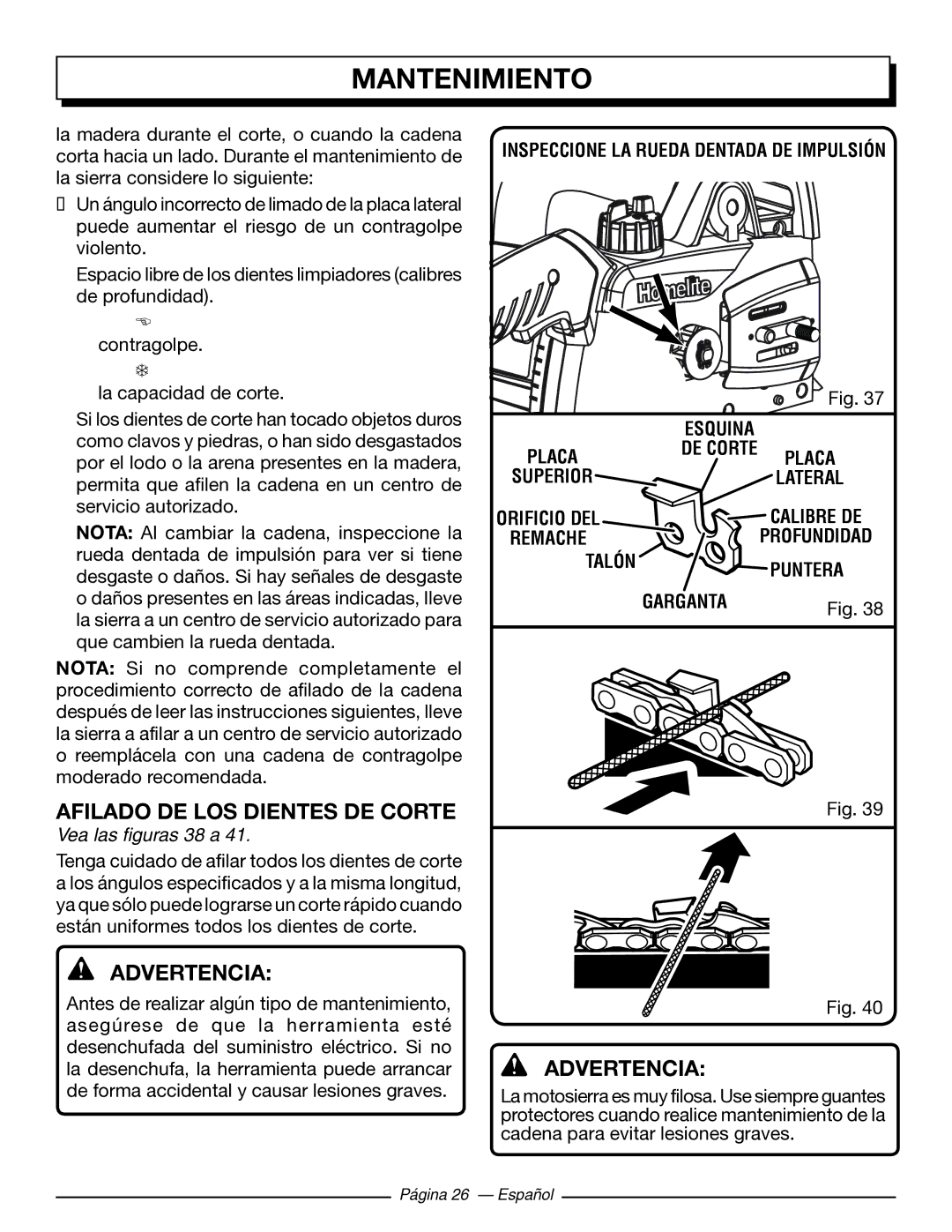 Homelite UT43103 manuel dutilisation Afilado DE LOS Dientes DE Corte, Vea las figuras 38 a 