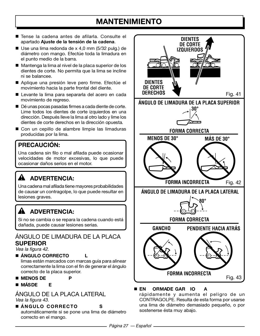 Homelite UT43103 Ángulo DE Limadura DE LA Placa Superior, Ángulo DE LA Placa Lateral, Dientes DE Corte Izquierdos 