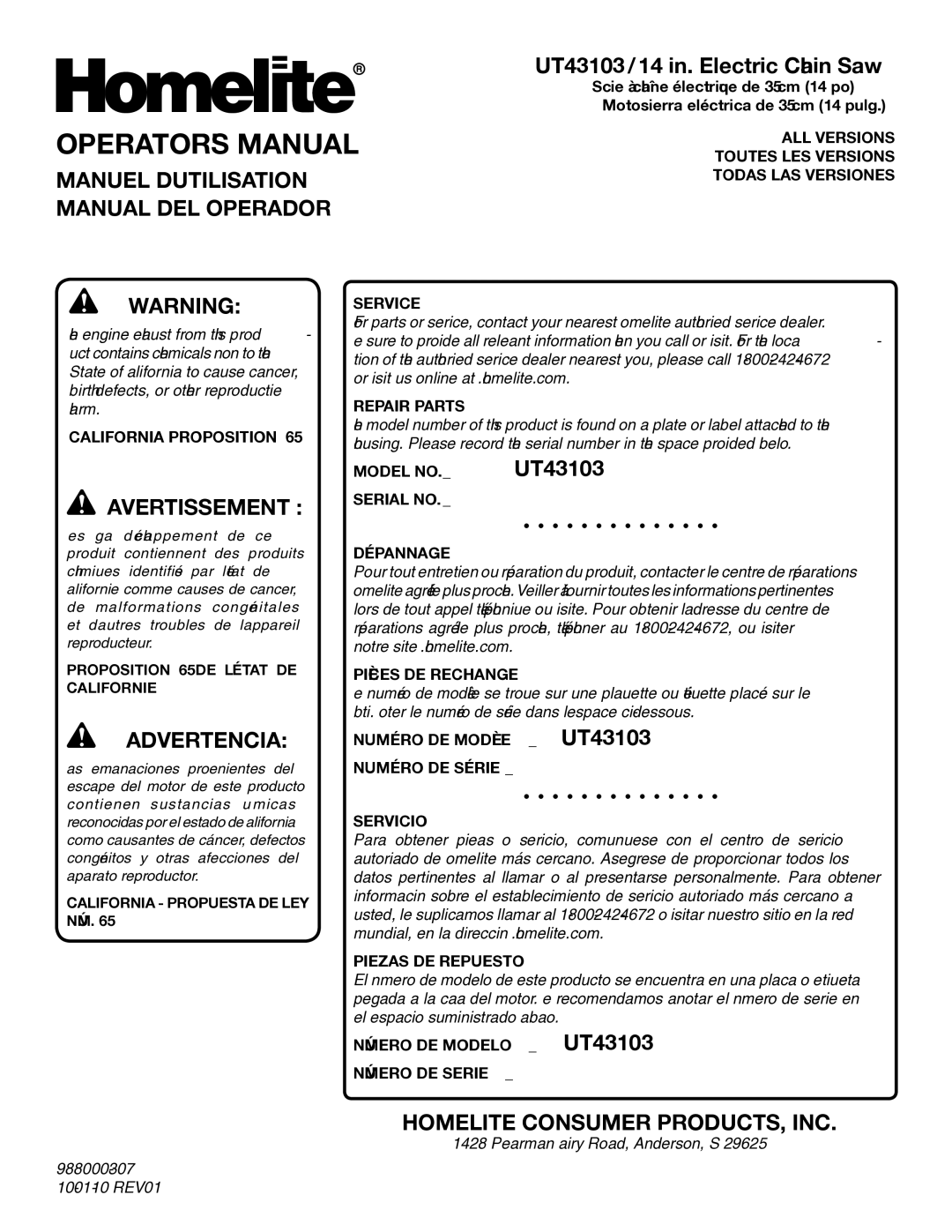 Homelite UT43103 OPERATOR’S Manual, Manuel D’UTILISATION Manual DEL Operador, Homelite Consumer PRODUCTS, INC 