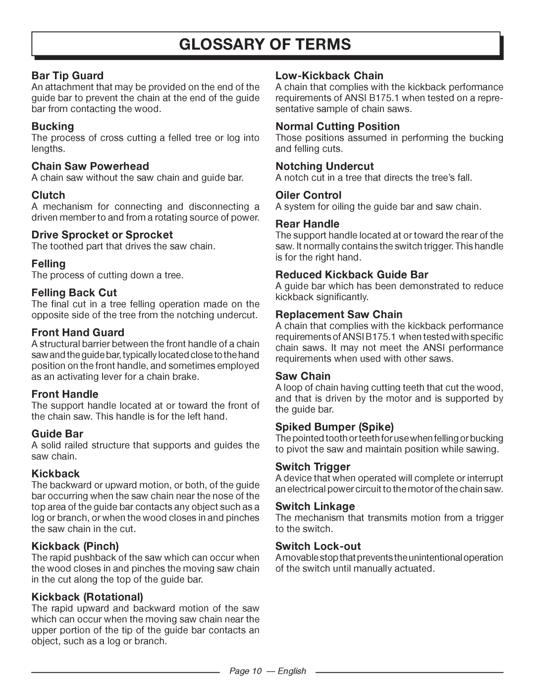 Homelite UT43122, UT43102 manuel dutilisation Glossary of Terms, Bar Tip Guard 