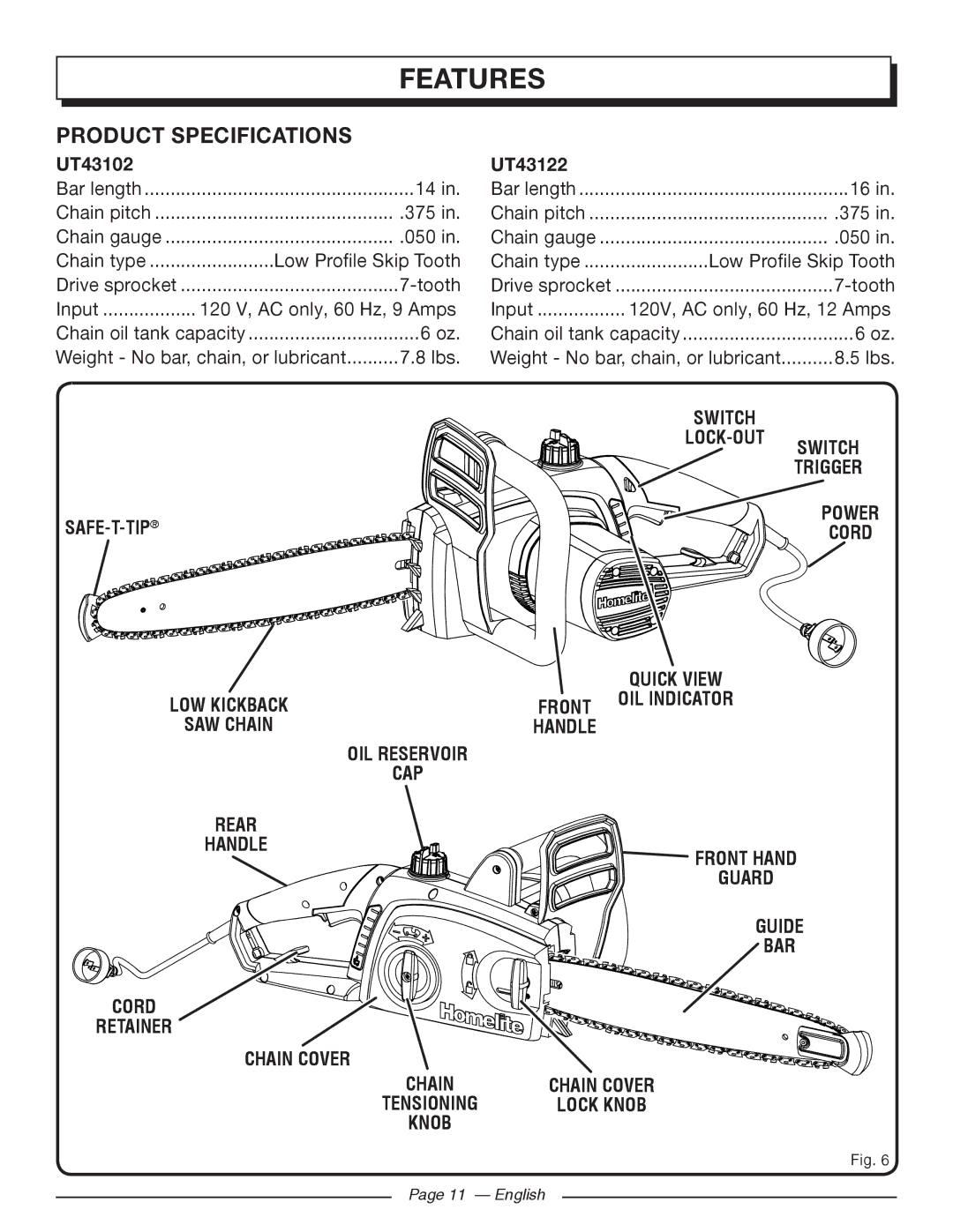 Homelite UT43102, UT43122 manuel dutilisation Features, Product Specifications 