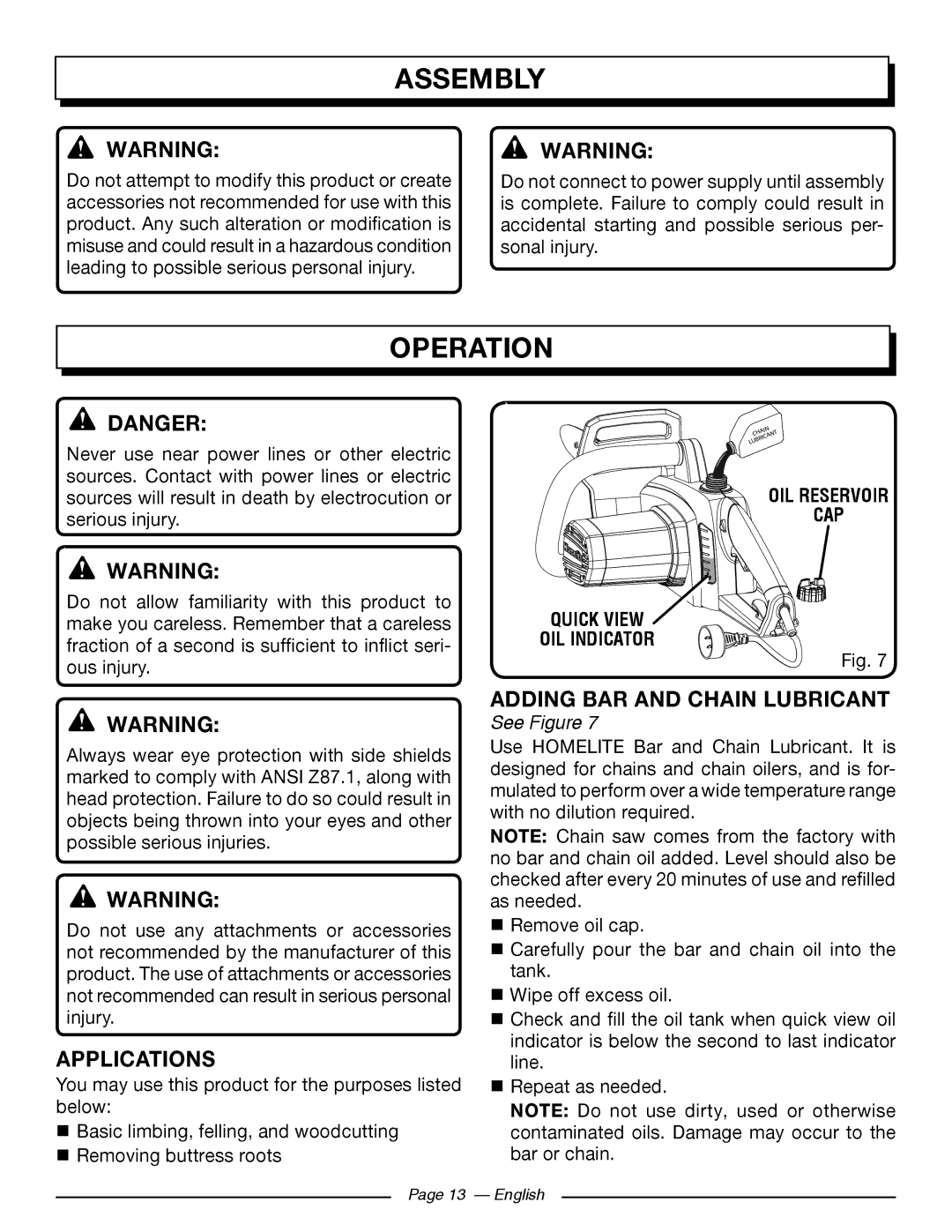 Homelite UT43102, UT43122 Operation, Applications, Adding BAR and Chain Lubricant, OIL Reservoir CAP, OIL Indicator 