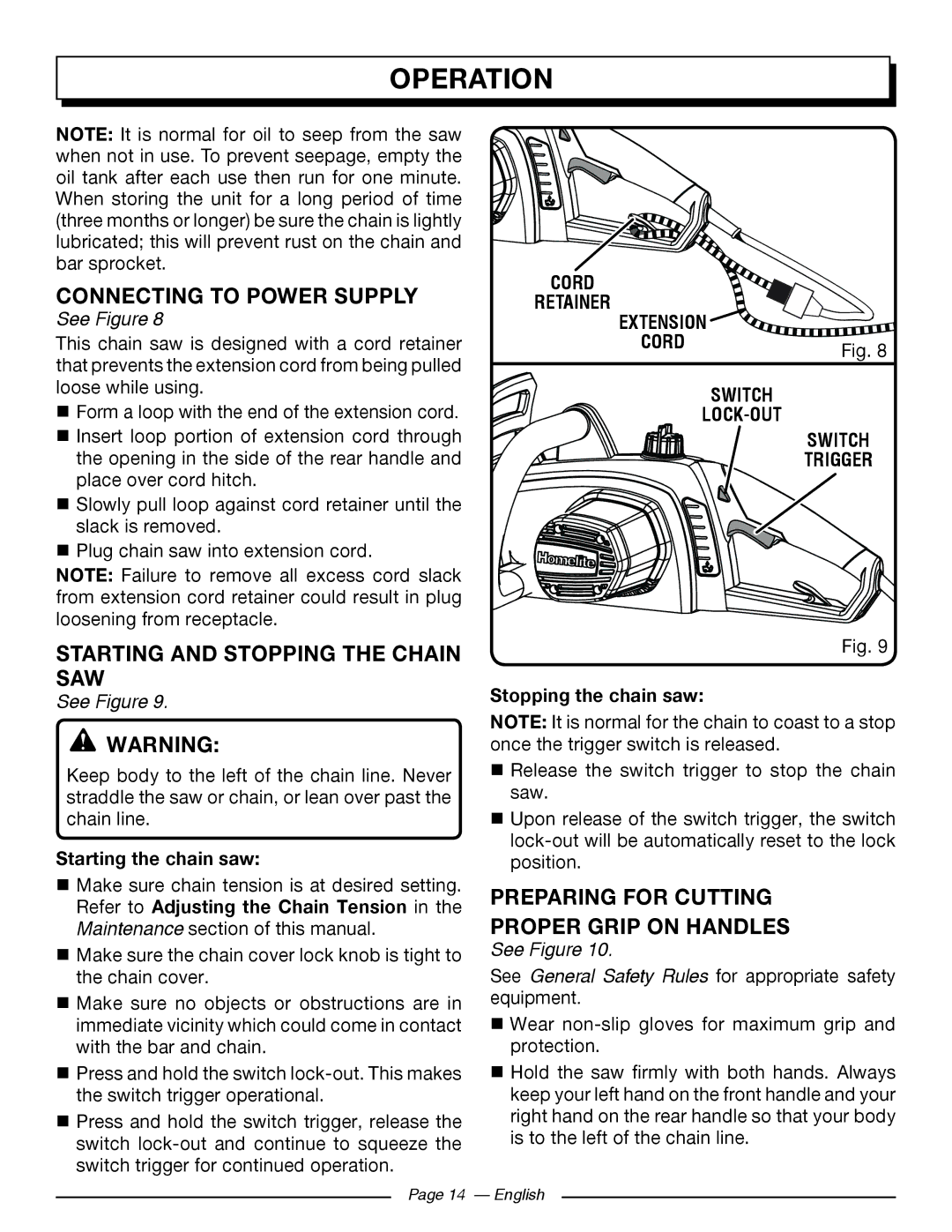 Homelite UT43122, UT43102 Connecting to Power Supply, Starting and Stopping the Chain SAW, Preparing for Cutting, Switch 