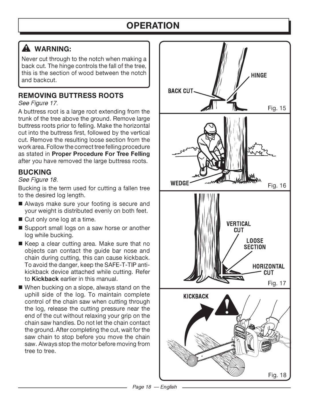 Homelite UT43122, UT43102 manuel dutilisation Removing Buttress Roots, Bucking, Hinge Back CUT Wedge Vertical Loose Section 