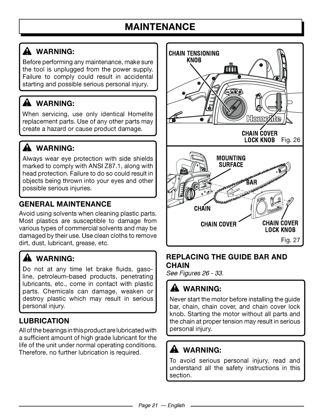 Homelite UT43102, UT43122 General Maintenance, Lubrication, Replacing the Guide BAR and Chain, See Figures 26 