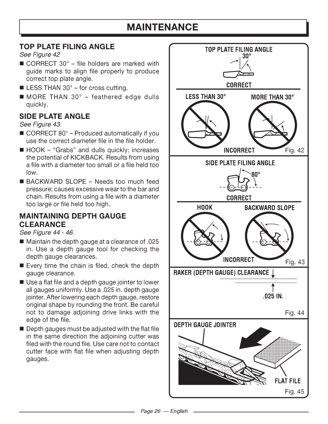 Homelite UT43122, UT43102 TOP Plate Filing Angle, Side Plate Angle, Maintaining Depth Gauge Clearance, See 