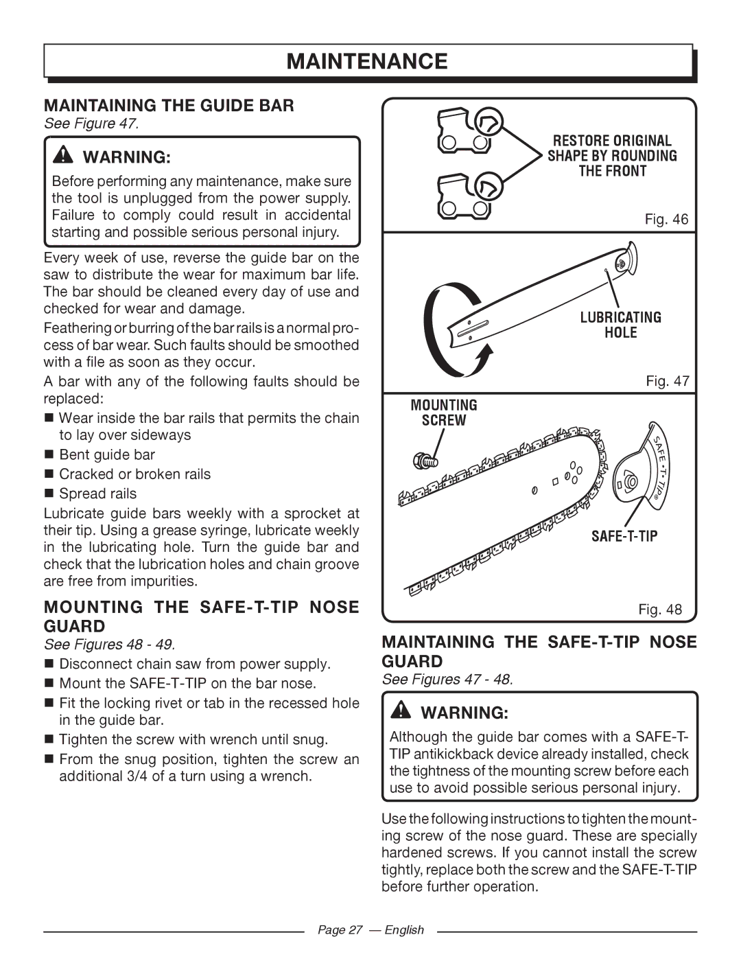 Homelite UT43102 Maintaining the Guide BAR, Mounting the SAFE-T-TIP Nose Guard, Maintaining the SAFE-T-TIP Nose Guard 