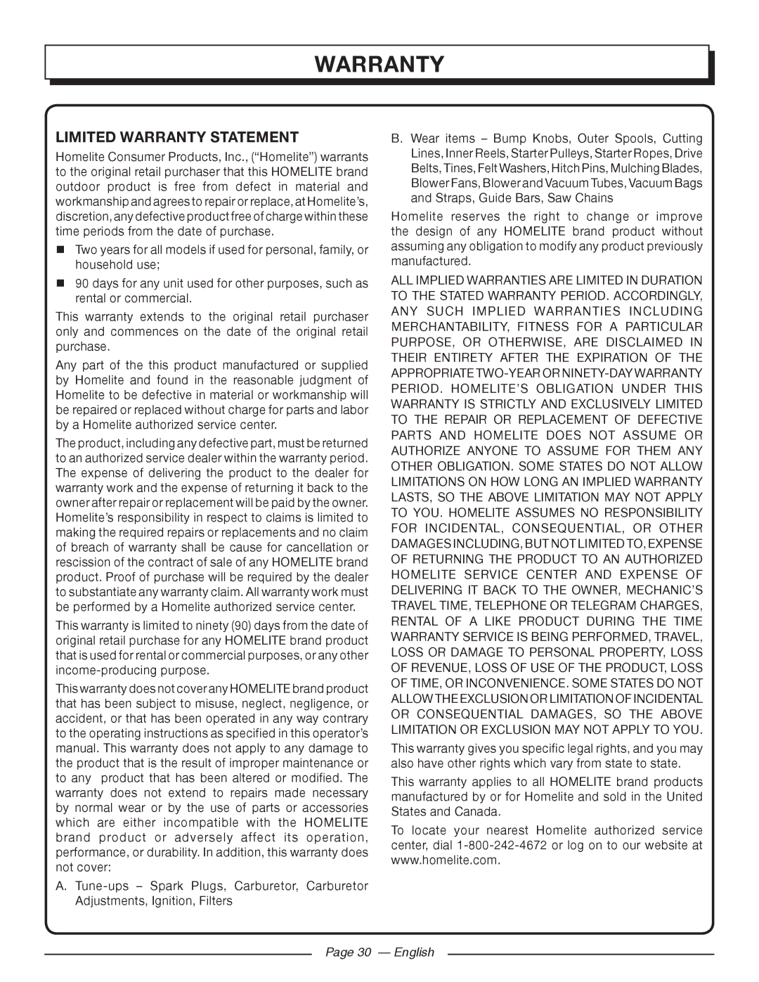 Homelite UT43122, UT43102 manuel dutilisation Limited Warranty Statement 