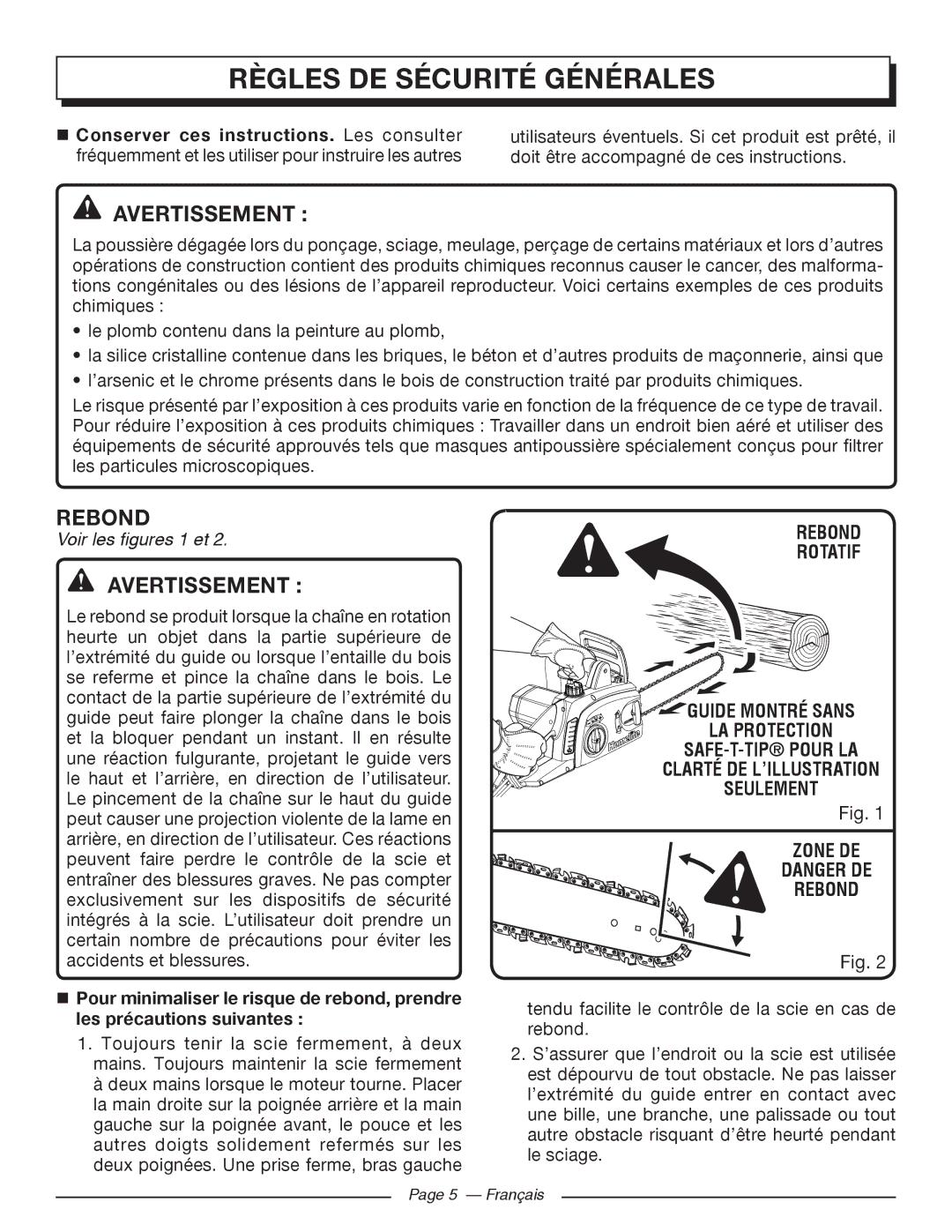 Homelite UT43102, UT43122 Avertissement, Rebond Rotatif, LA Protection SAFE-T-TIP Pour LA, Zone DE Rebond 