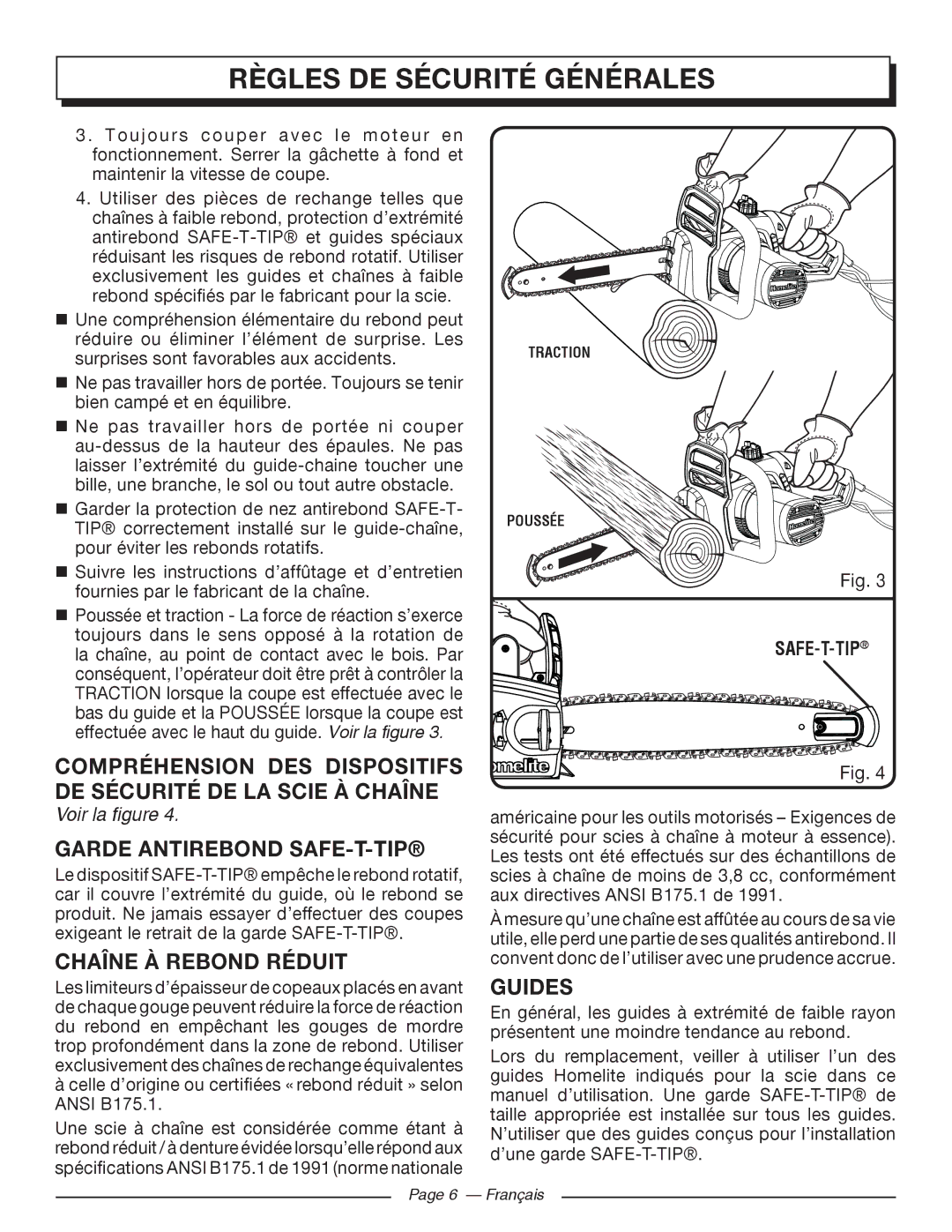 Homelite UT43122, UT43102 manuel dutilisation Garde Antirebond SAFE-T-TIP, Chaîne À Rebond Réduit, Guides, Voir la figure 