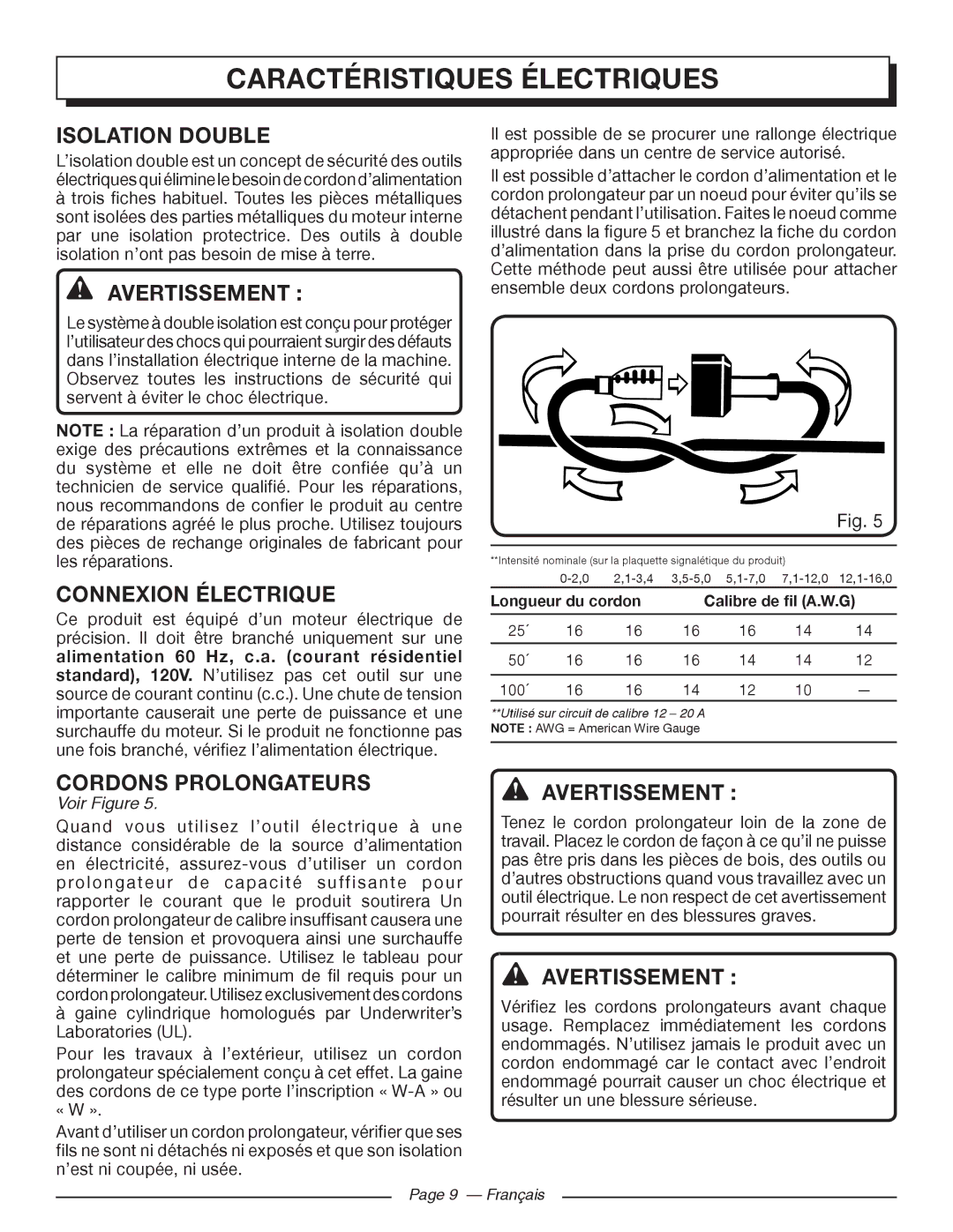 Homelite UT43102 Caractéristiquesfonctionsélectriques, Isolation Double, Connexion Électrique, Cordons Prolongateurs 