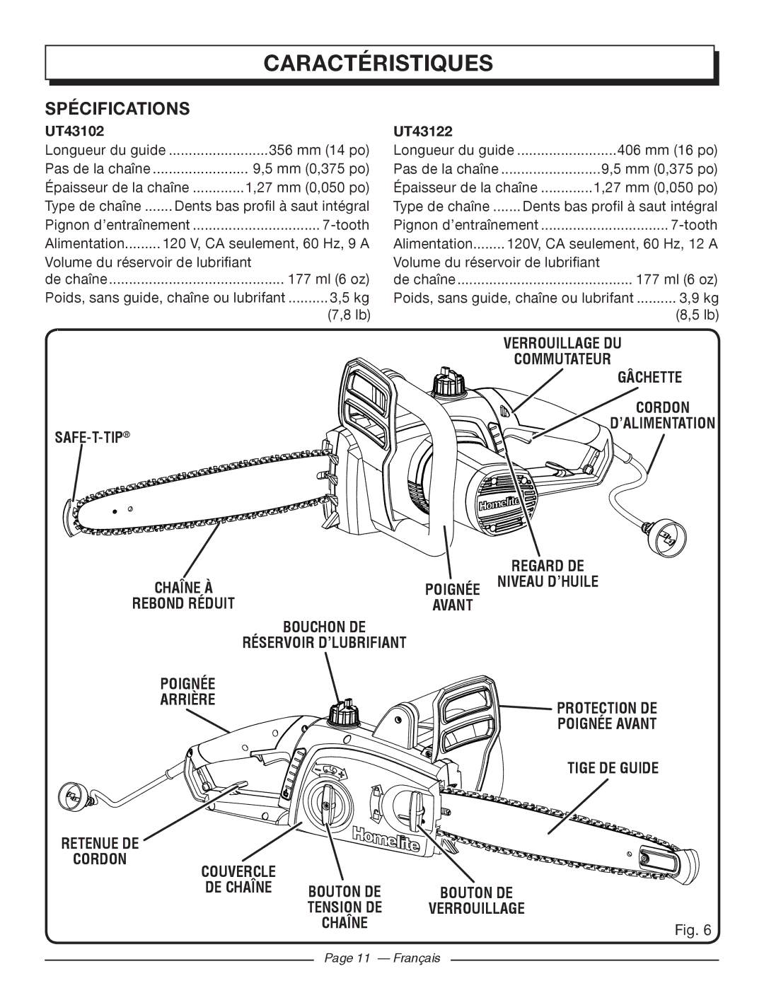 Homelite UT43102, UT43122 Caractéristiques, Spécifications, SAFE-T-TIP Gâchette ­ Cordon ’ALIMENTATION, Poignée Arrière 