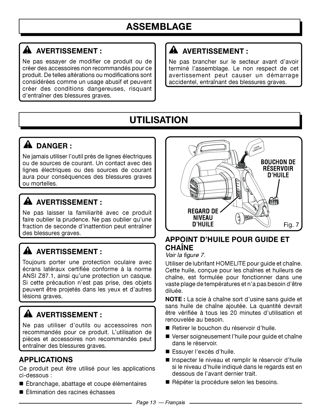 Homelite UT43102, UT43122 manuel dutilisation Utilisation, Appoint D’HUILE Pour Guide ET Chaîne, Bouchon DE Réservoir ’HUILE 