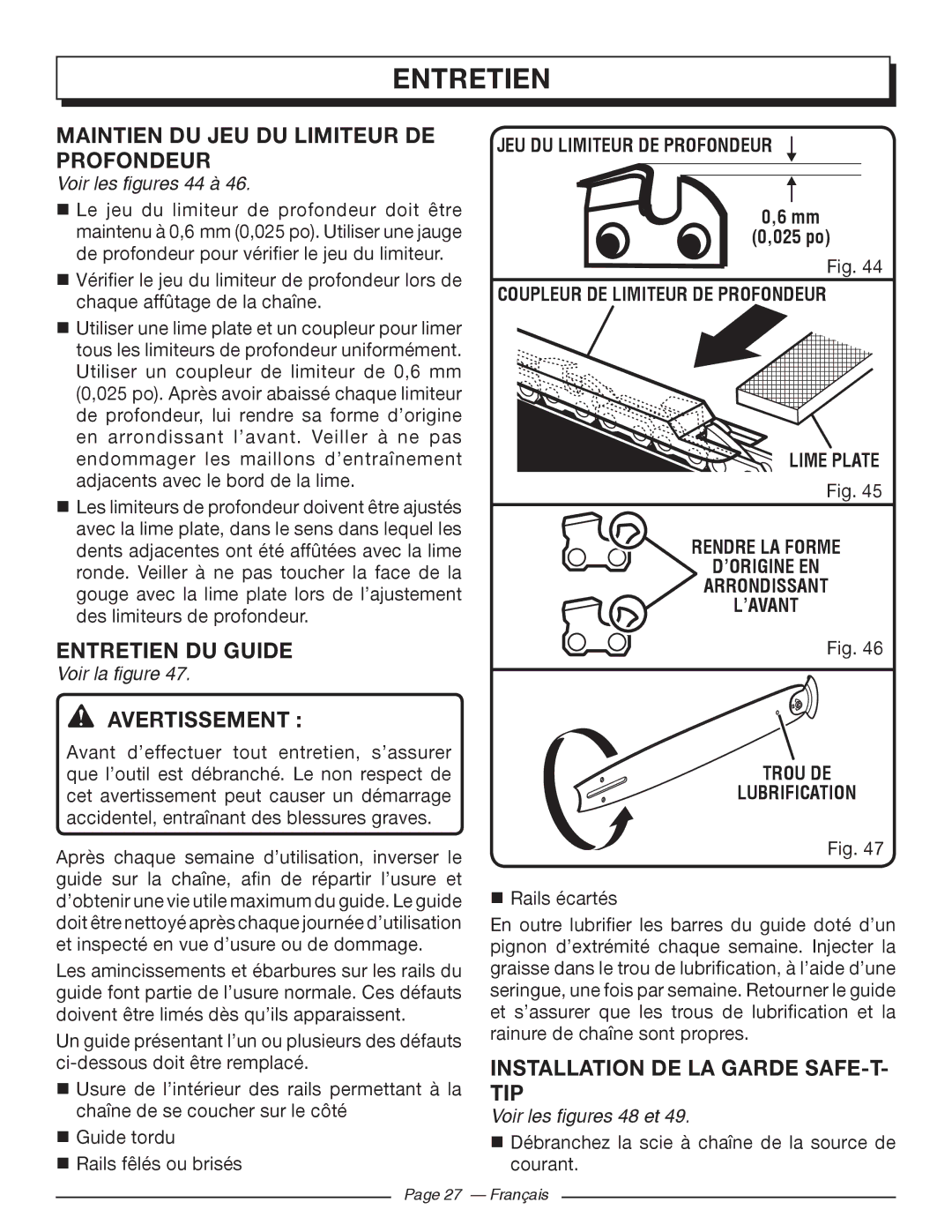 Homelite UT43102 Maintien DU JEU DU Limiteur DE Profondeur, Entretien DU Guide, Installation DE LA Garde SAFE-T- TIP 