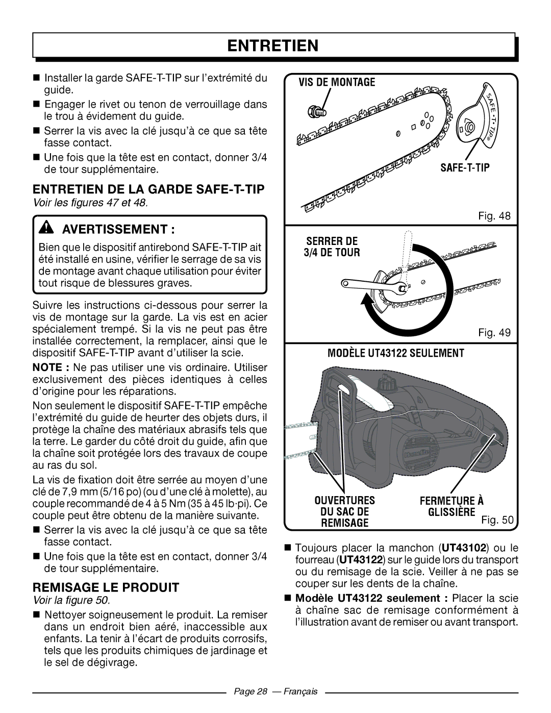 Homelite UT43122 Entretien DE LA Garde SAFE-T-TIP, Remisage LE Produit, Voir les figures 47 et, VIS DE Montage SAFE-T-TIP 