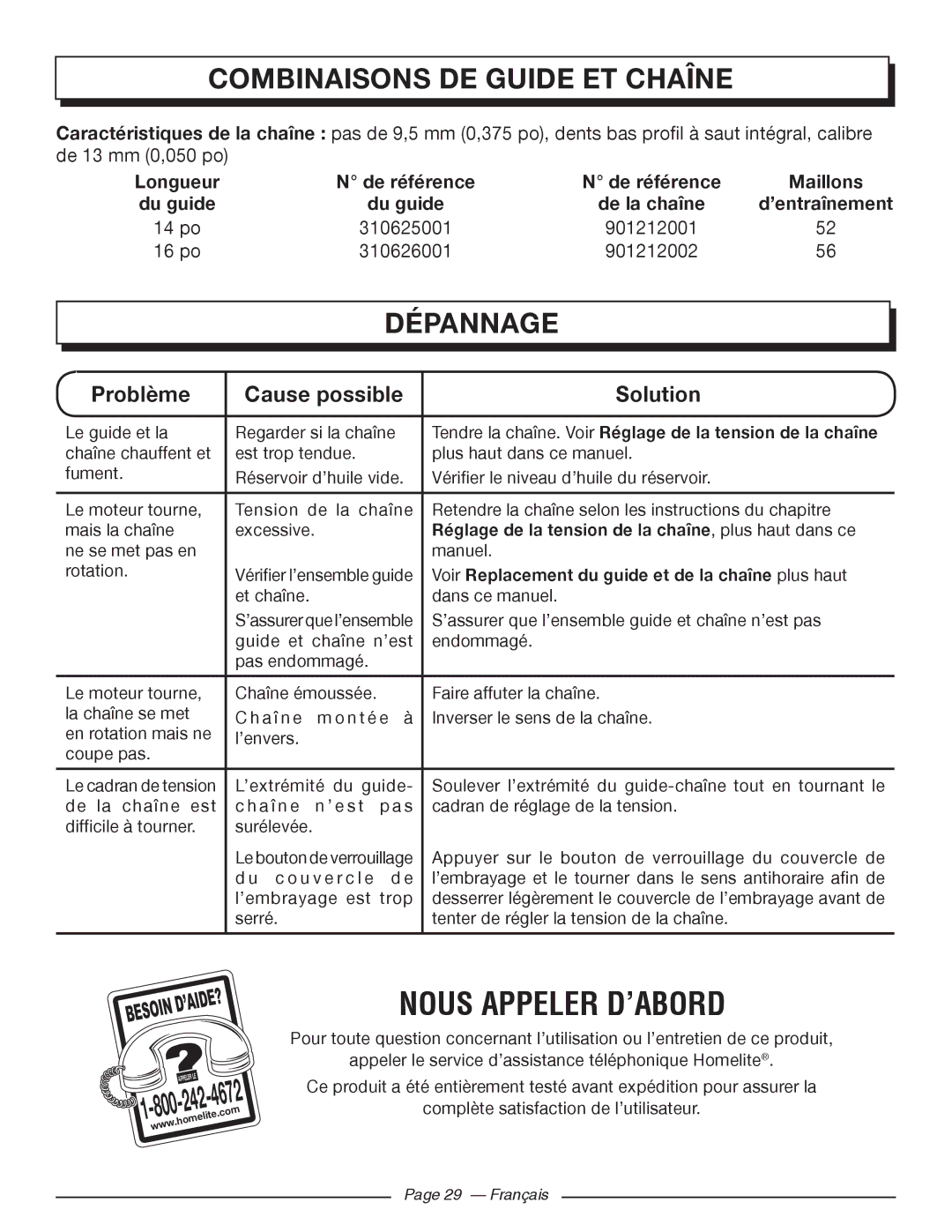 Homelite UT43102, UT43122 manuel dutilisation Combinaisons DE Guide ET Chaîne, Dépannage 