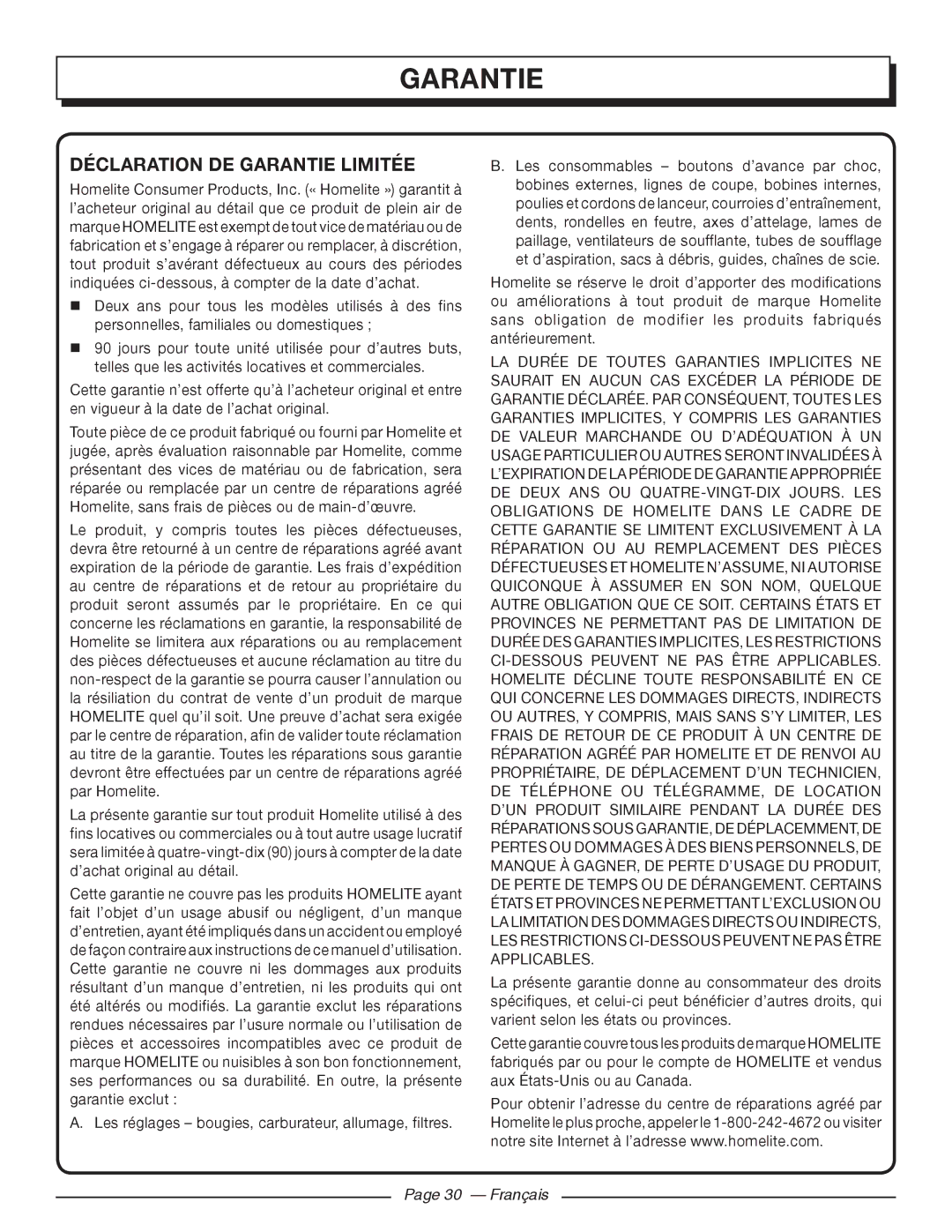 Homelite UT43122, UT43102 manuel dutilisation Déclaration DE Garantie Limitée 