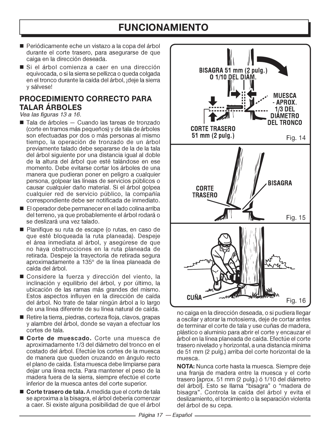 Homelite UT43102 Procedimiento Correcto Para Talar Árboles, Muesca, Diámetro DEL Tronco, Corte Bisagra, Trasero Cuña 