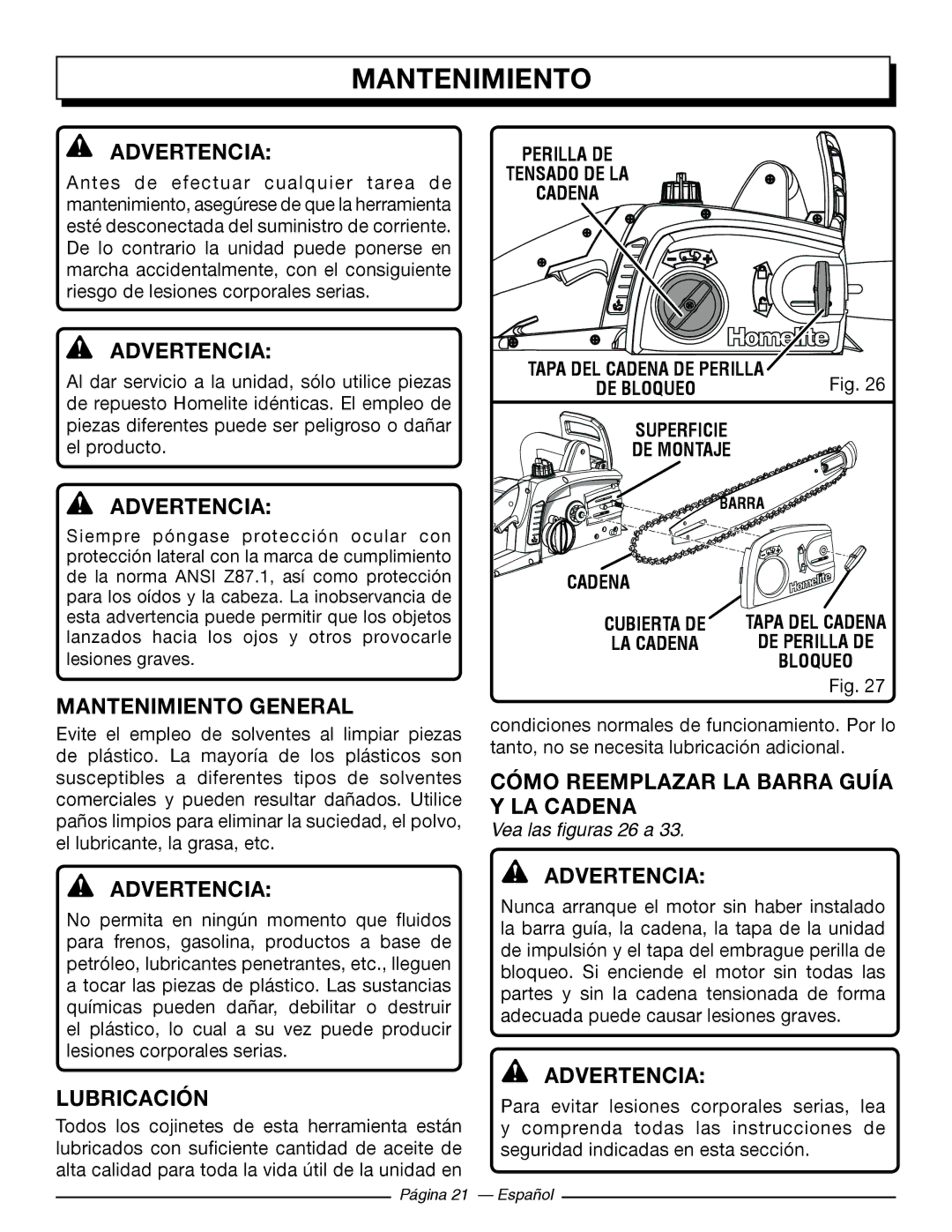 Homelite UT43102 Mantenimiento General, Cómo Reemplazar LA Barra Guía Y LA Cadena, Lubricación, Vea las figuras 26 a 