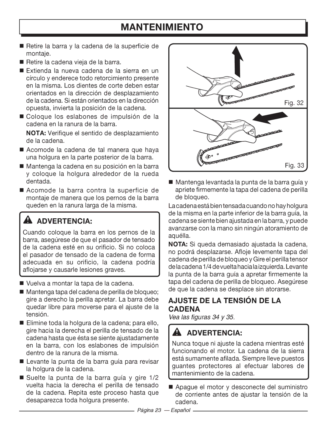 Homelite UT43102, UT43122 manuel dutilisation Ajuste DE LA Tensión DE LA Cadena, Vea las figuras 34 y 