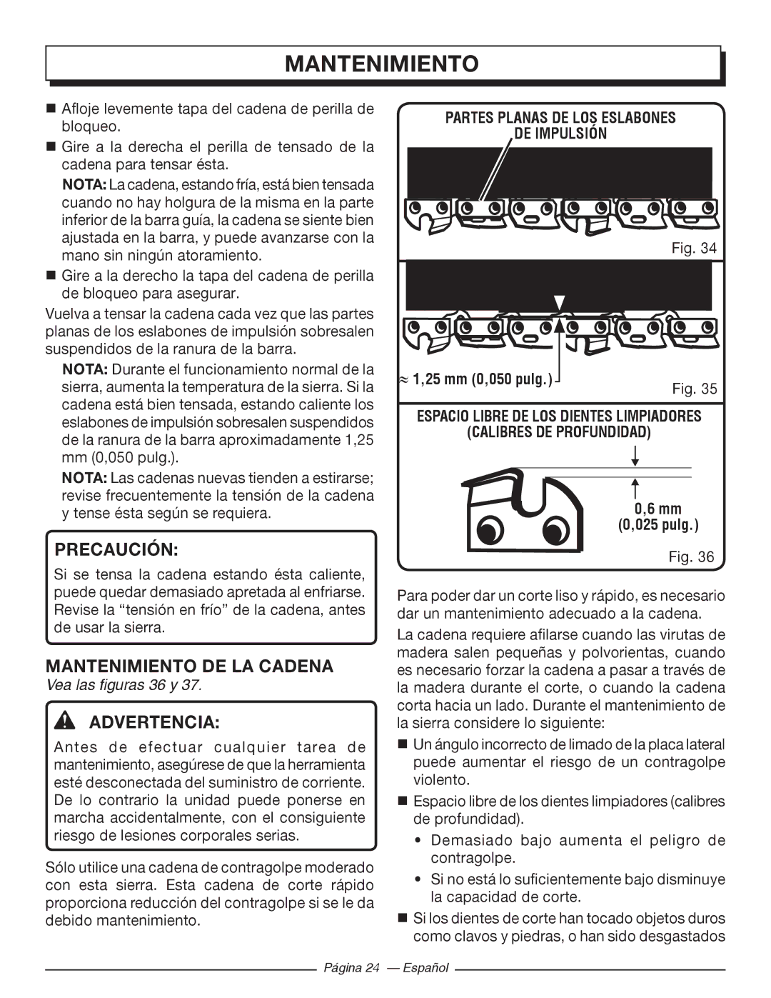 Homelite UT43122, UT43102 Mantenimiento DE LA Cadena, Vea las figuras 36 y, Partes Planas DE LOS Eslabones DE Impulsión 