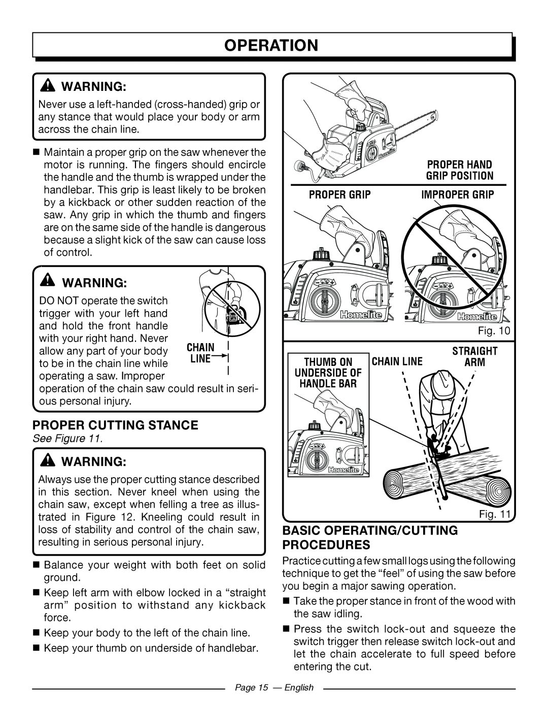 Homelite UT43102, UT43122 manuel dutilisation Proper Cutting Stance, Operation, Proper Grip, See Figure 