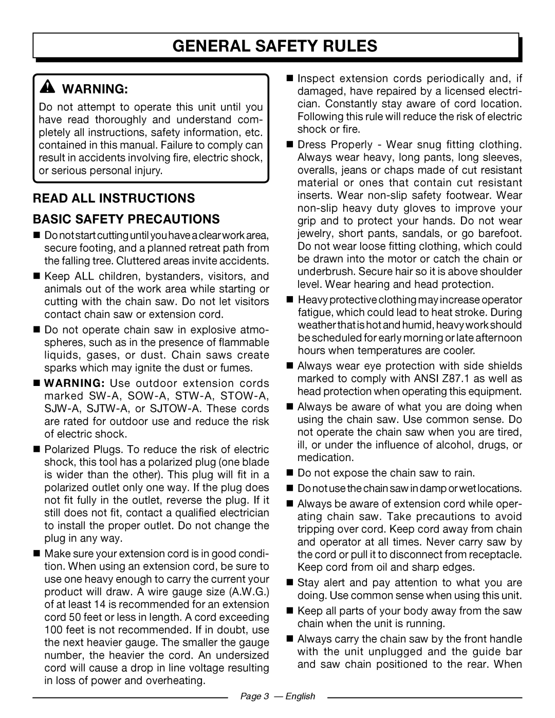 Homelite UT43102, UT43122 manuel dutilisation General Safety Rules, Read All Instructions Basic Safety Precautions 