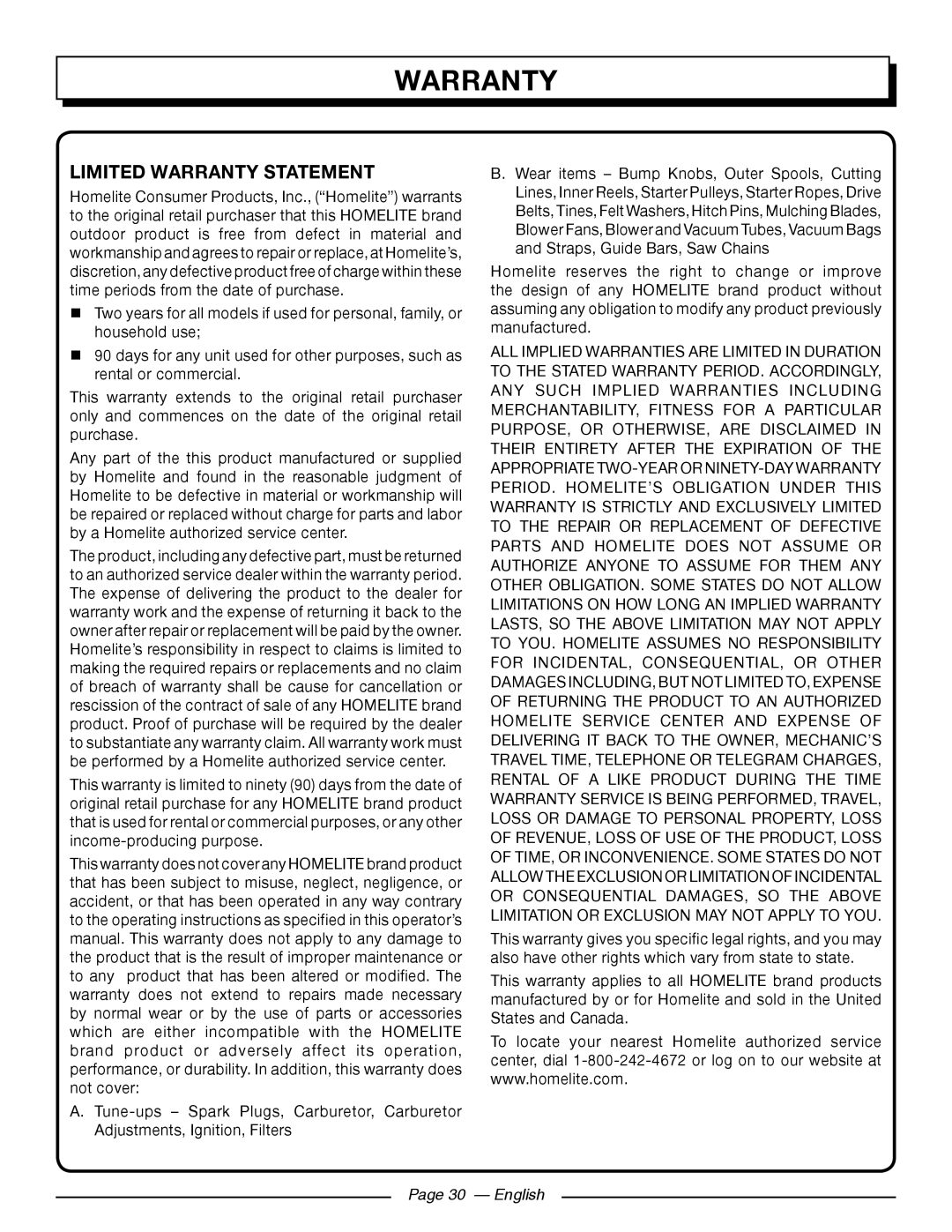 Homelite UT43122, UT43102 manuel dutilisation Limited Warranty Statement, Page 30 - English 