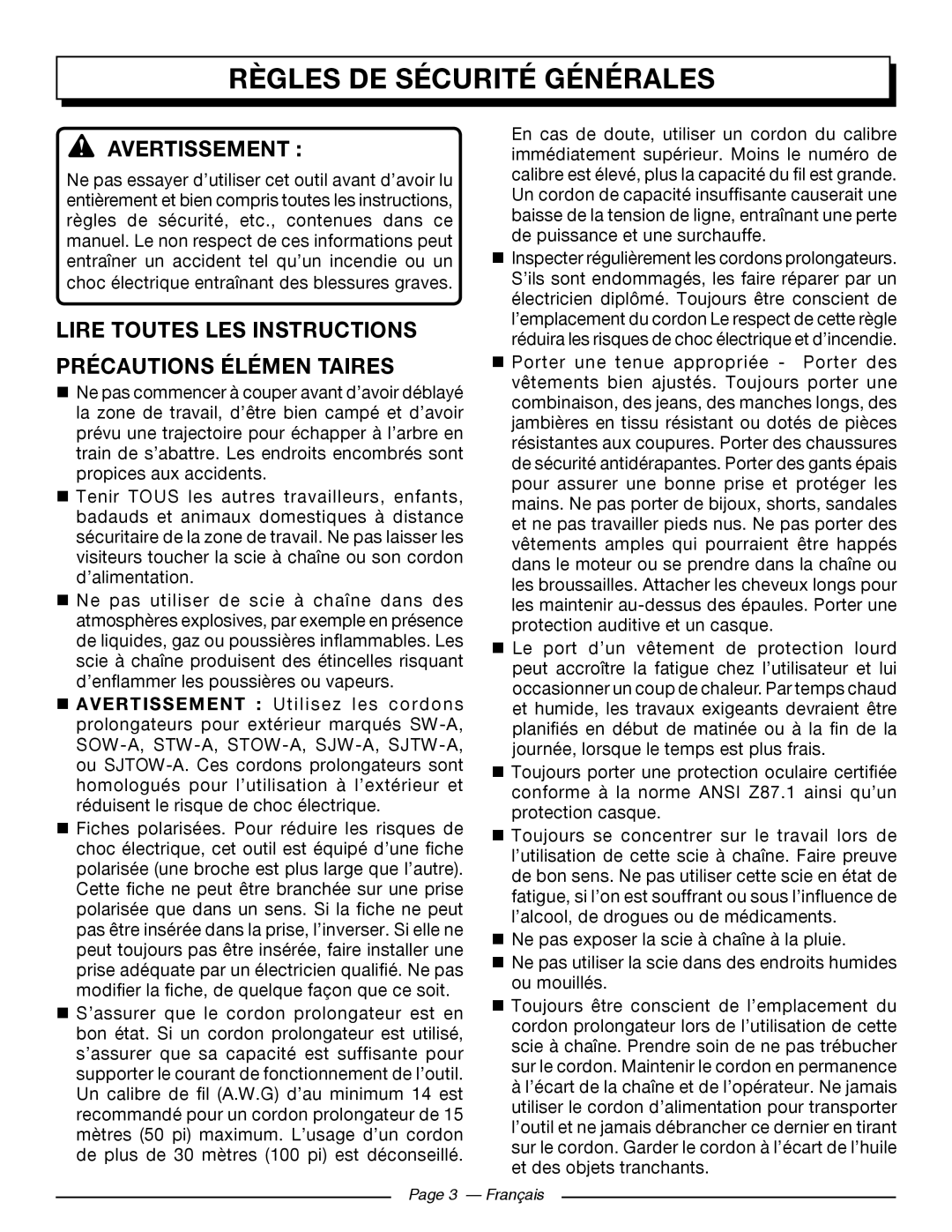 Homelite UT43102 Règles De Sécurité Générales, Avertissement , Lire Toutes Les Instructions Précautions Élémen Taires 