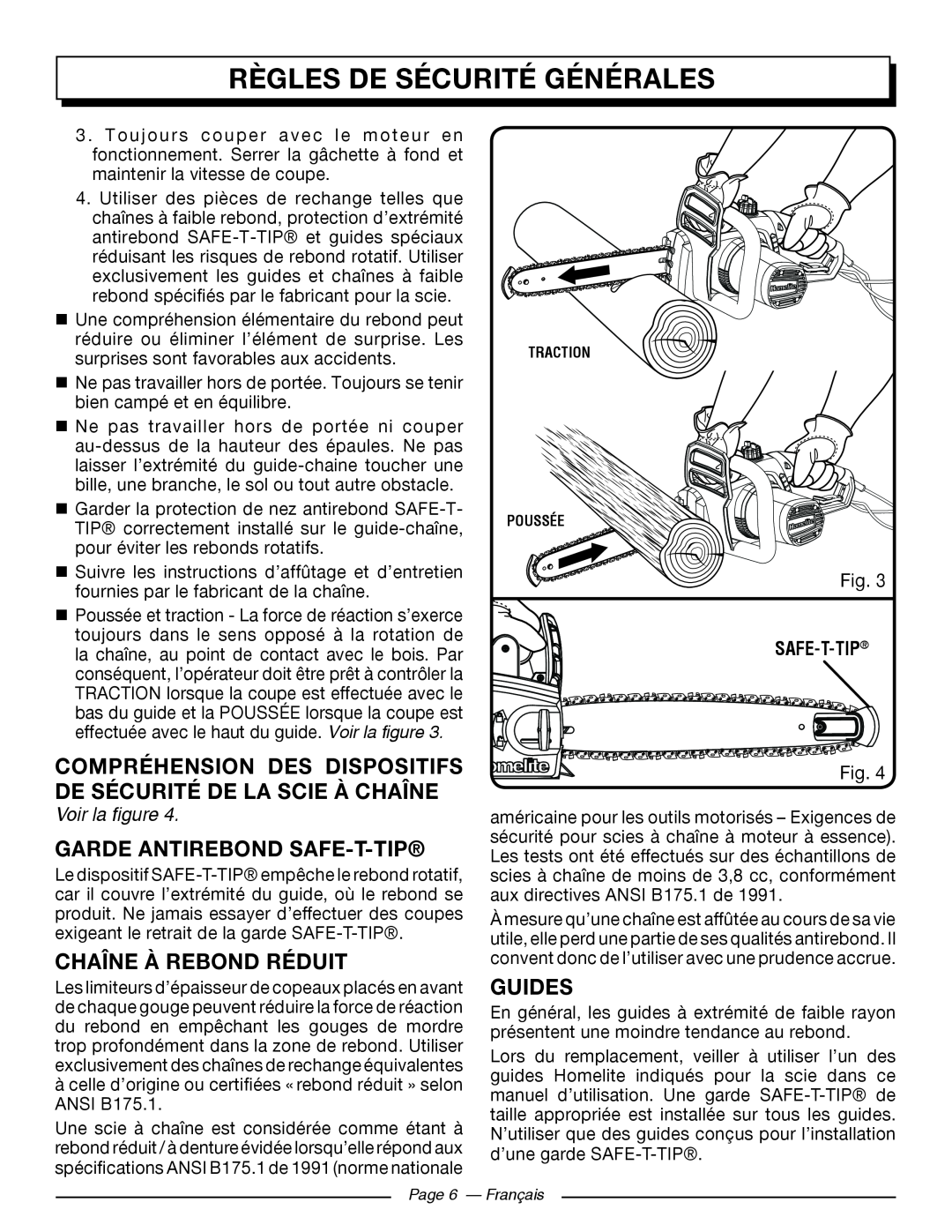 Homelite UT43122 Compréhension Des Dispositifs De Sécurité De La Scie À Chaîne, Garde Antirebond Safe-T-Tip, Guides 