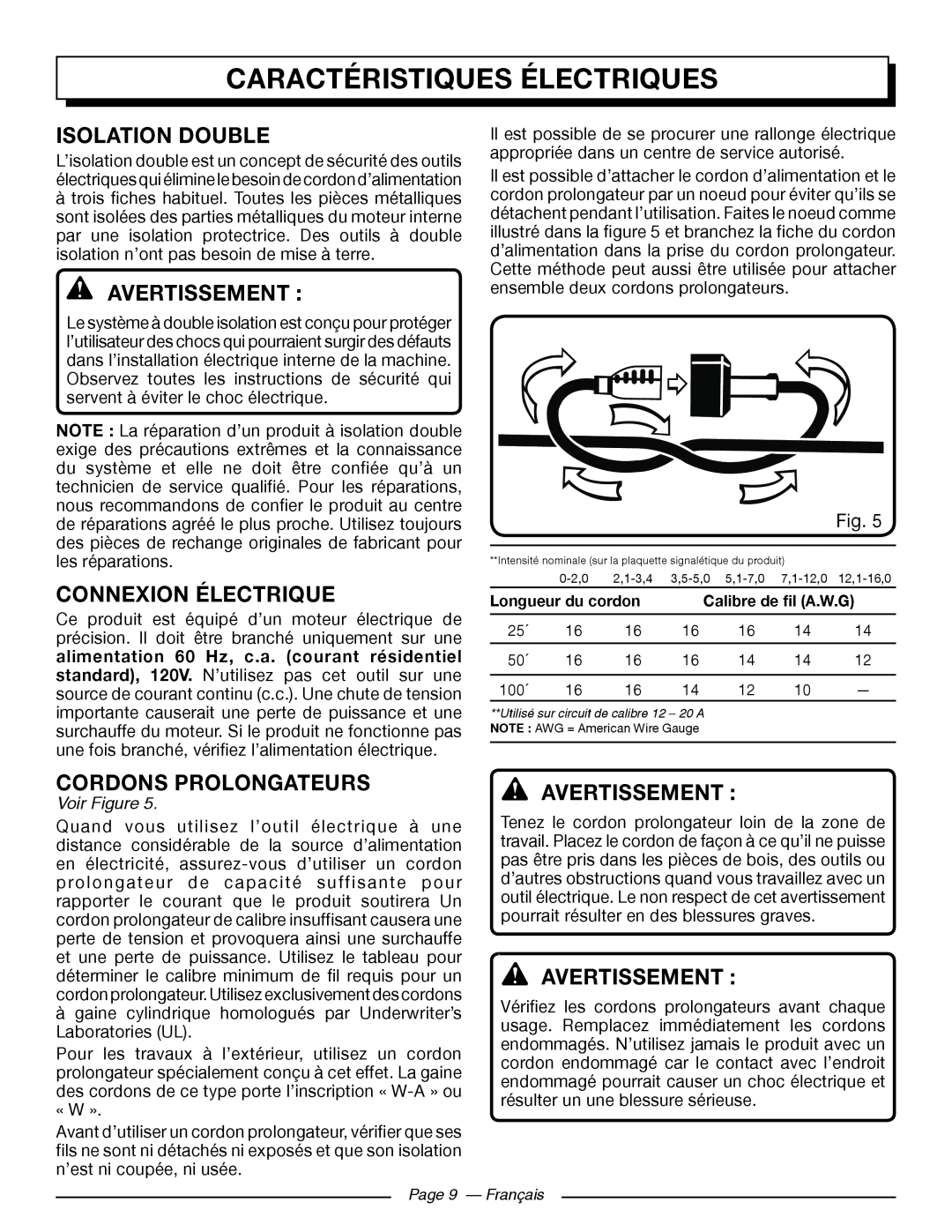 Homelite UT43102 Caractéristiquesfonctionsélectriques, Isolation Double, Connexion Électrique, Cordons Prolongateurs 