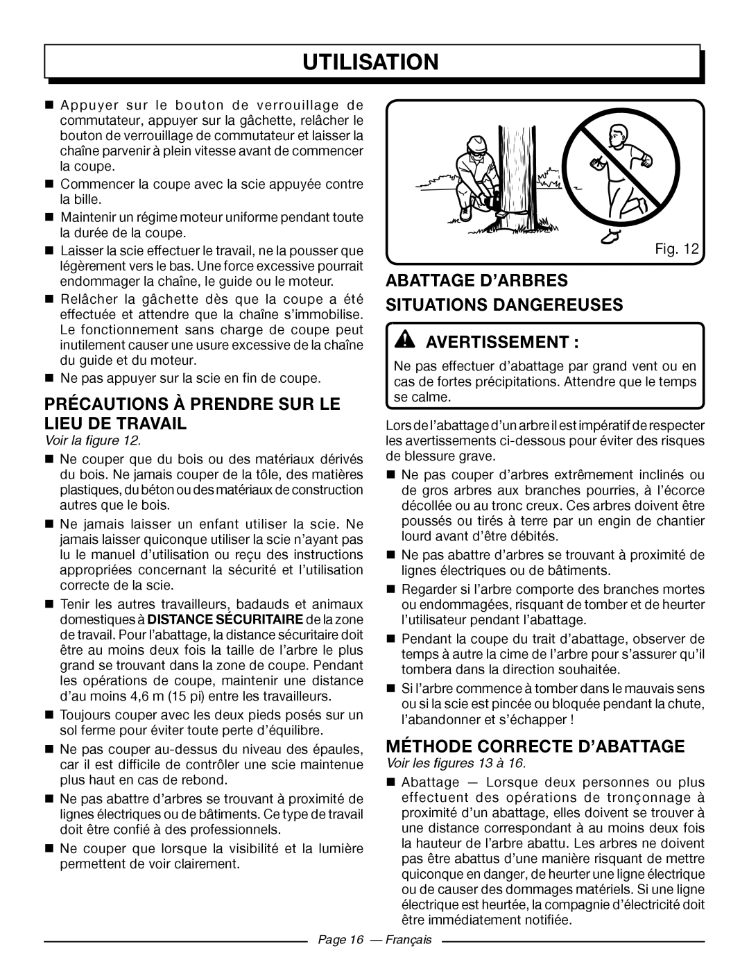 Homelite UT43122 Précautions À Prendre Sur Le Lieu De Travail, Abattage D’Arbres Situations Dangereuses Avertissement  